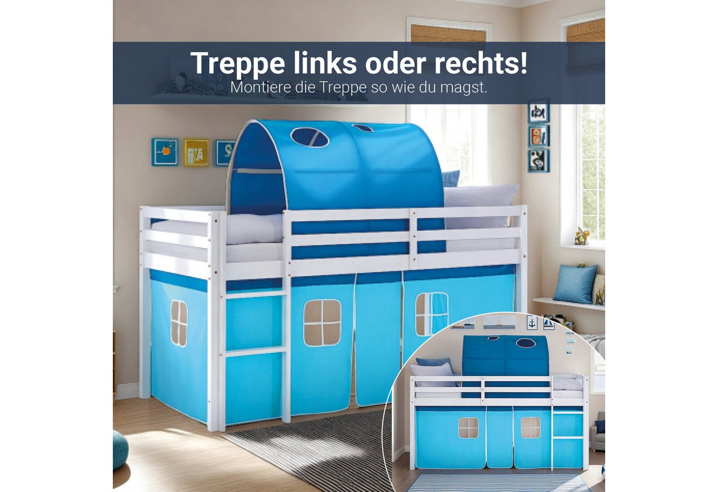 Homestyle4u Hochbett 90x200 Kinderbett Weiß Vorhang Blau für 1 Kind Kiefer günstig online kaufen