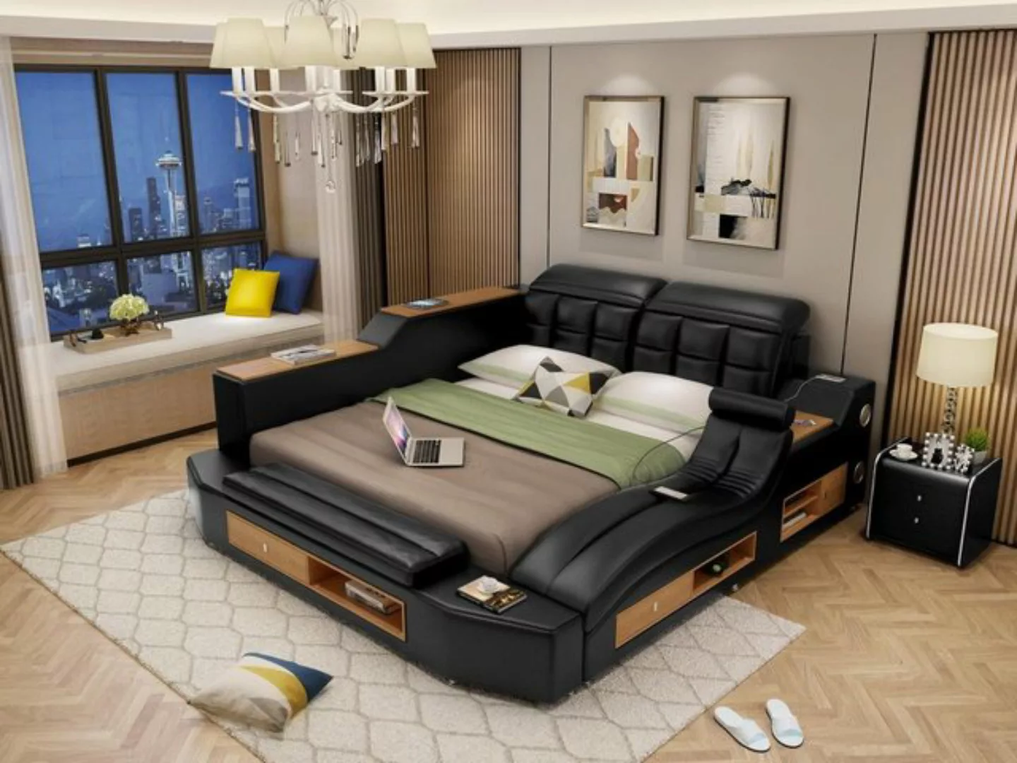 JVmoebel Bett Design Leder Betten Hotel Doppel Multifunktions Bett Bluetoot günstig online kaufen
