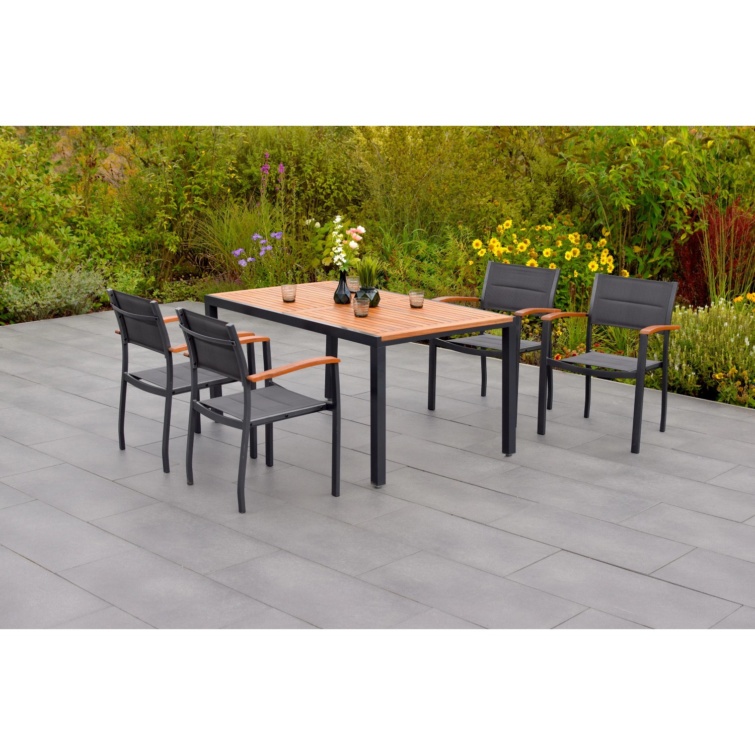 Merxx Paxos Set 5-tlg. 4 Stapelsessel Gartentisch 150 x 90 cm Tischplatte A günstig online kaufen