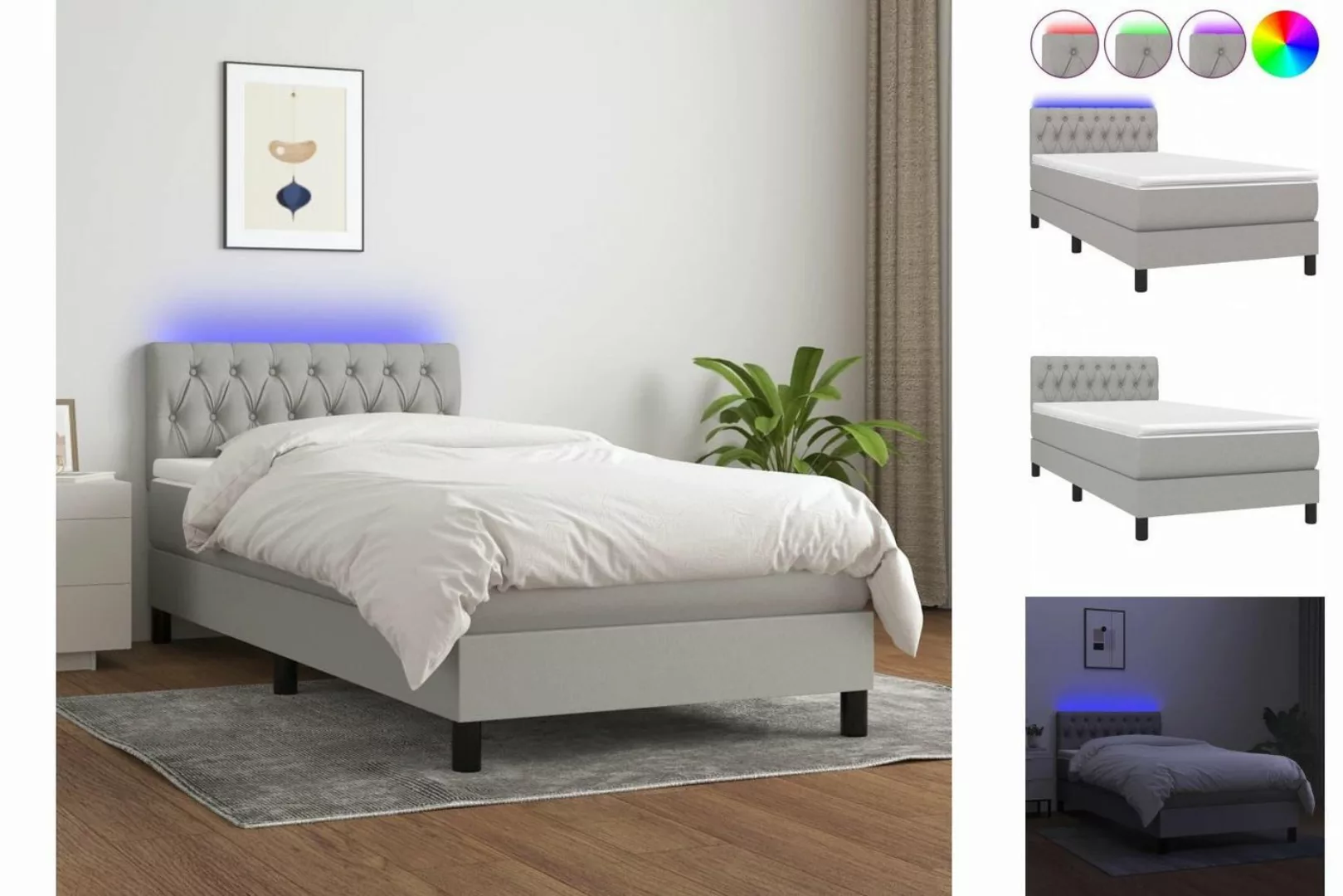 vidaXL Bettgestell Boxspringbett mit Matratze LED Hellgrau 100x200 cm Stoff günstig online kaufen