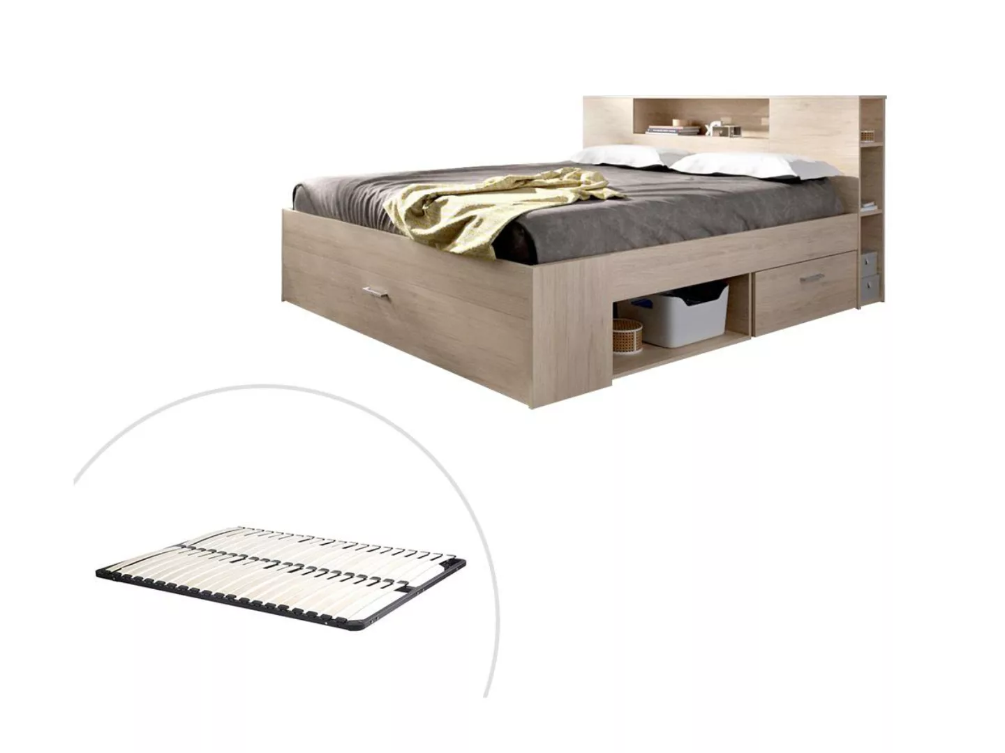 Bett mit Stauraum & Schubladen + Lattenrost - 140 x 190 cm - Naturfarben - günstig online kaufen