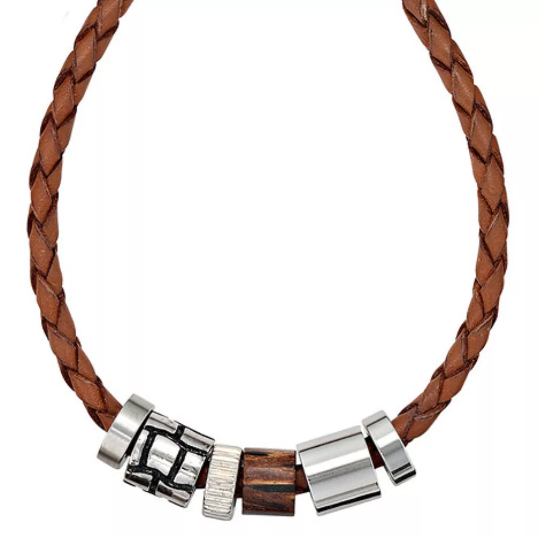 SIGO Collier Halskette Leder braun mit Edelstahl und Holz 45 cm Kette Leder günstig online kaufen