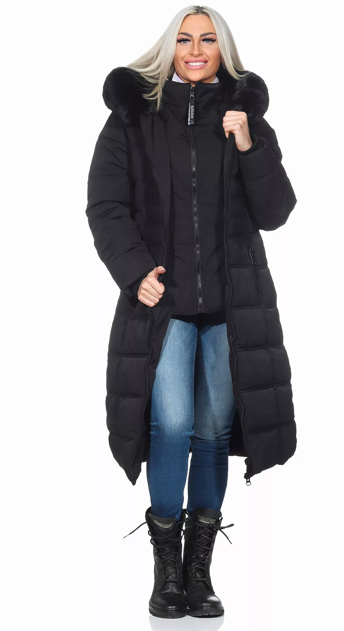 Aurela Damenmode Wintermantel Langer STEPPMANTEL SCHWARZ günstig online kaufen