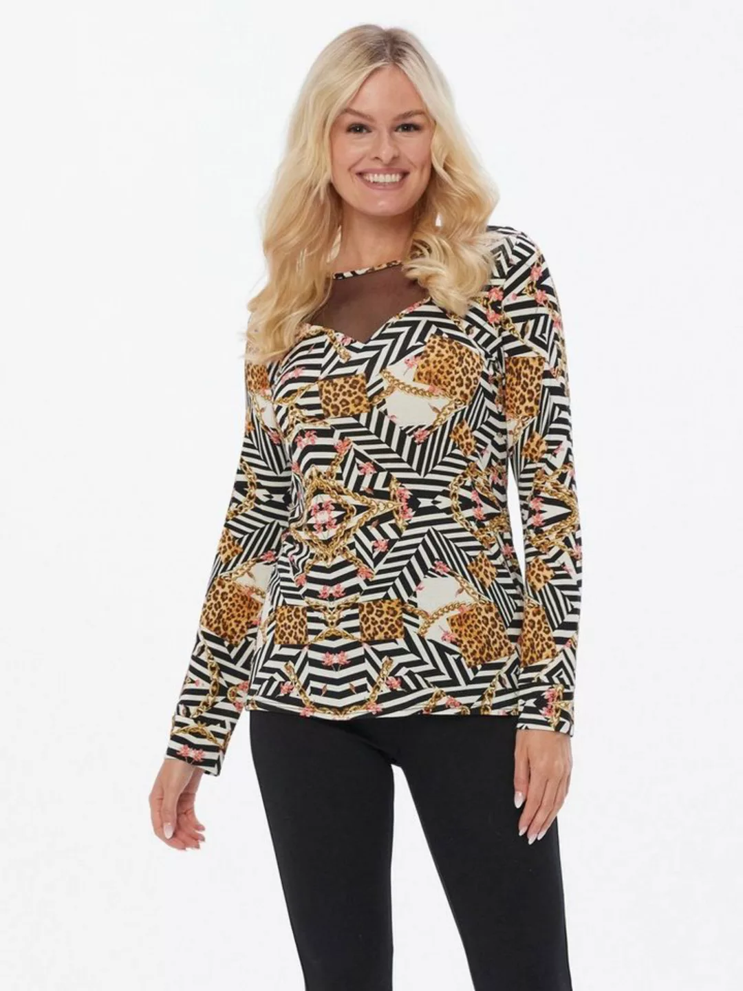 Sarah Kern Langarmshirt Longsleeve koerpernah mit Meshdekolleté günstig online kaufen