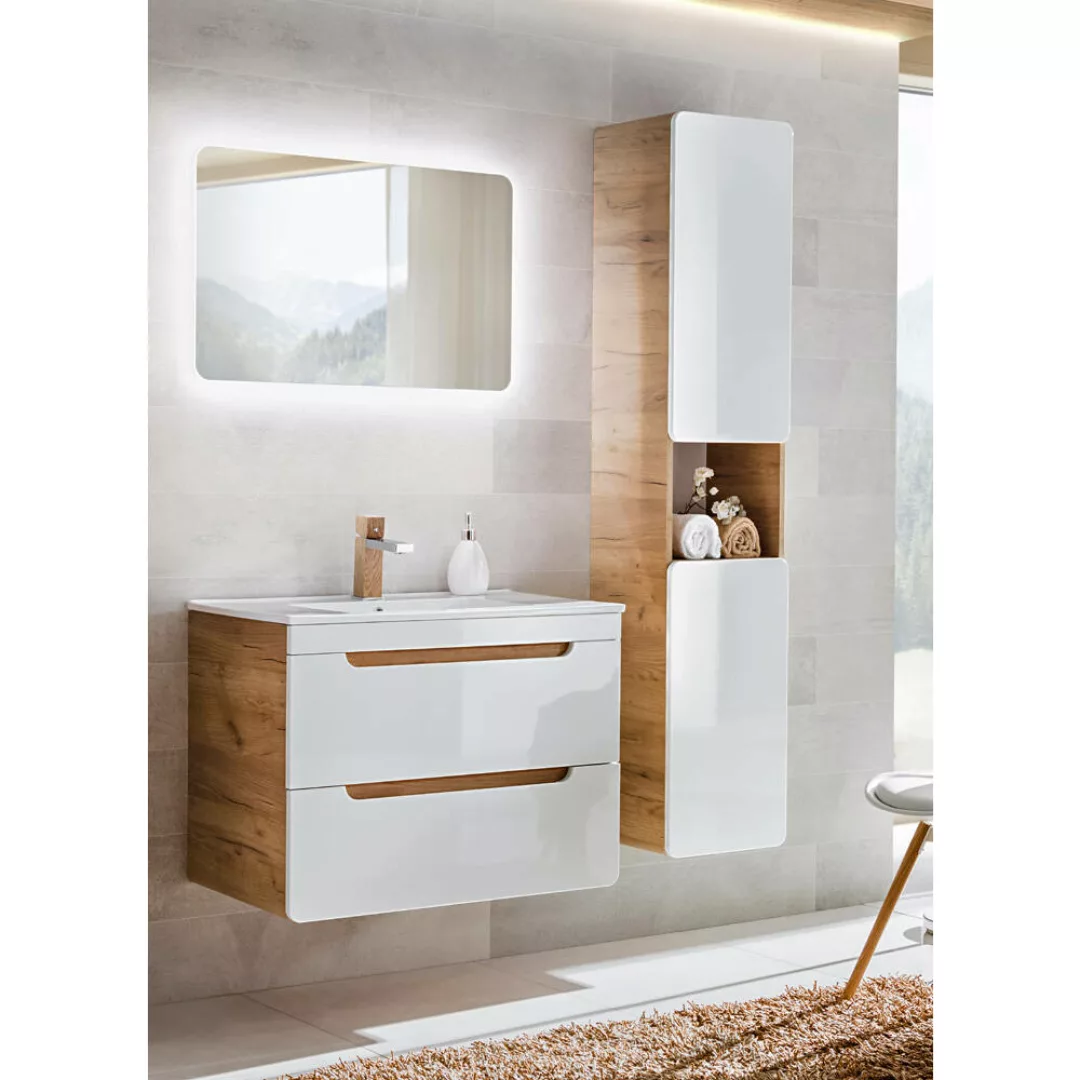 Badmöbel Set mit 81 cm Waschtisch & LED-Spiegel LUTON-56 Hochglanz weiß, Wo günstig online kaufen