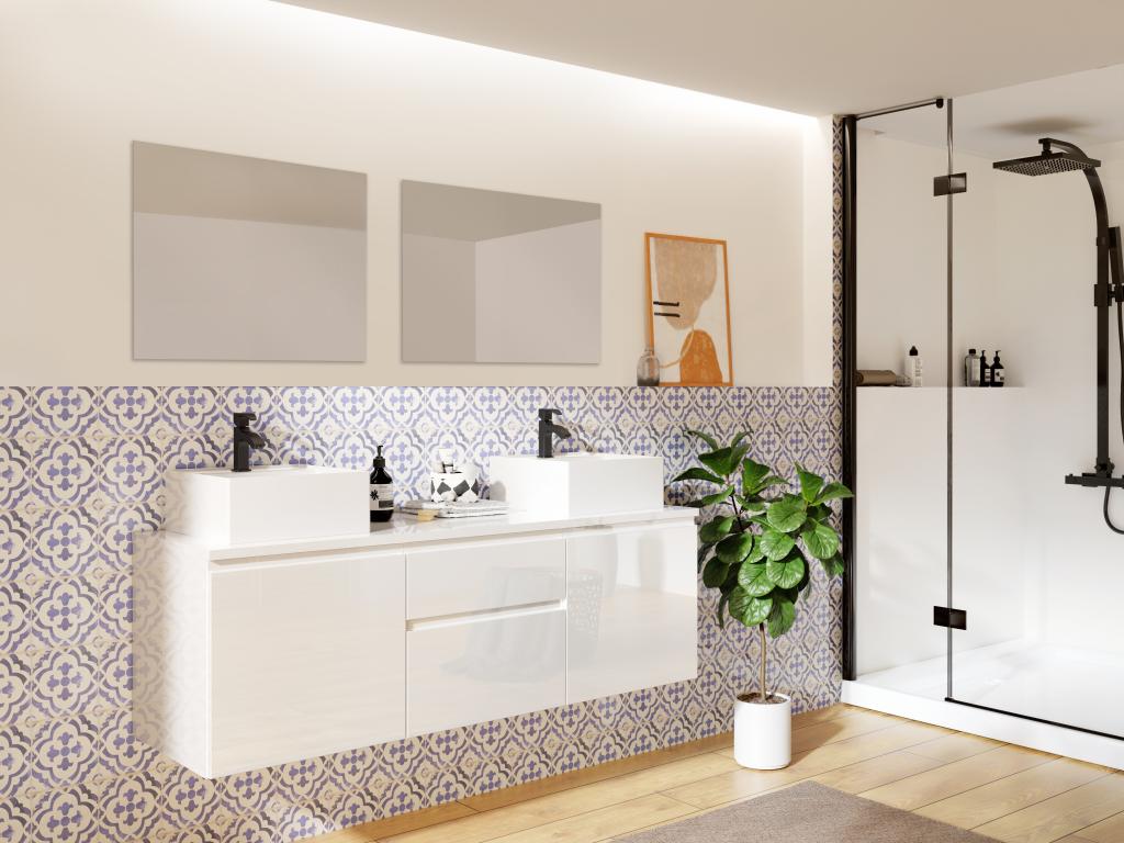 Waschbeckenunterschrank mit Doppelwaschbecken und Spiegeln - Weiß - 150 cm günstig online kaufen