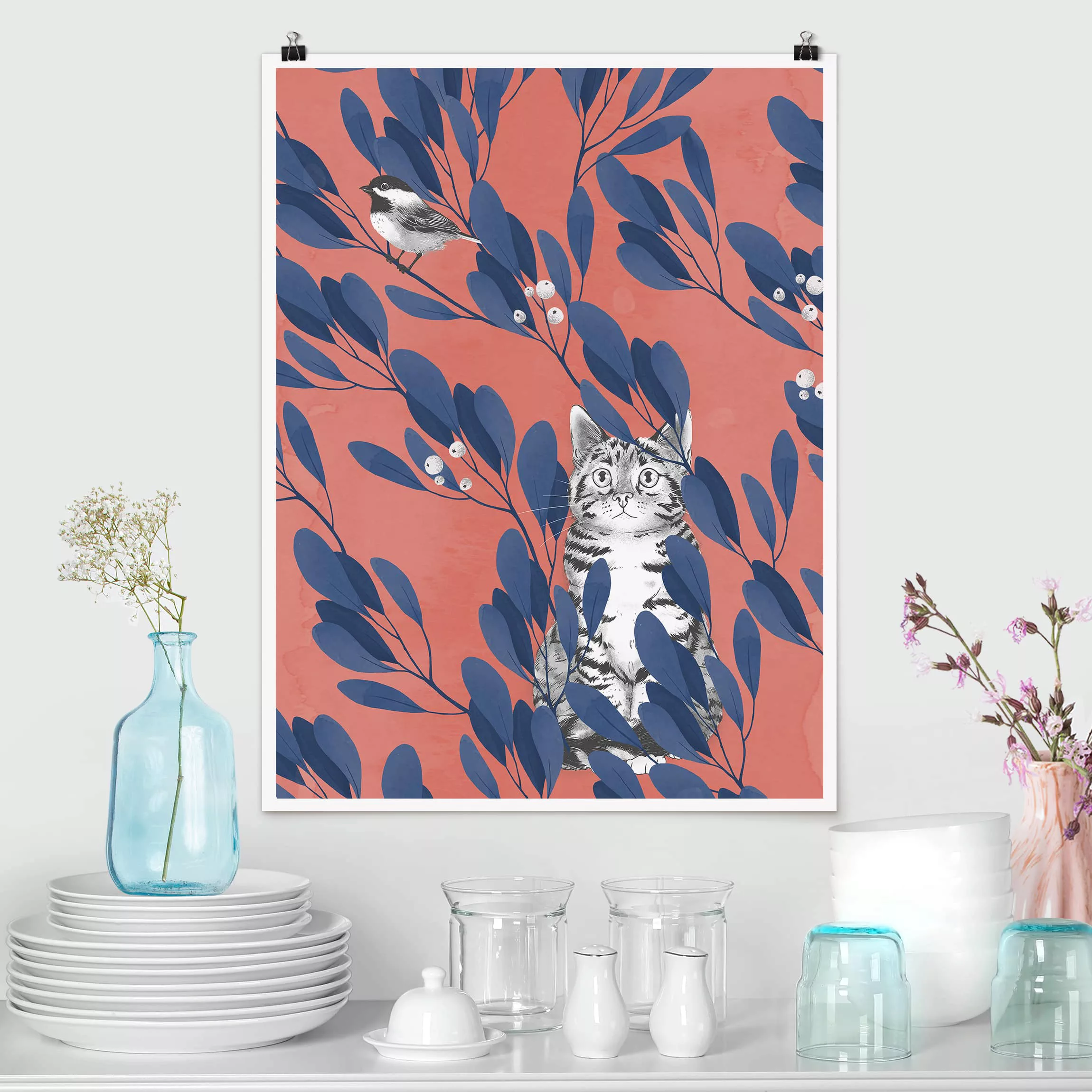 Poster Tiere - Hochformat Illustration Katze und Vogel auf Ast Blau Rot günstig online kaufen