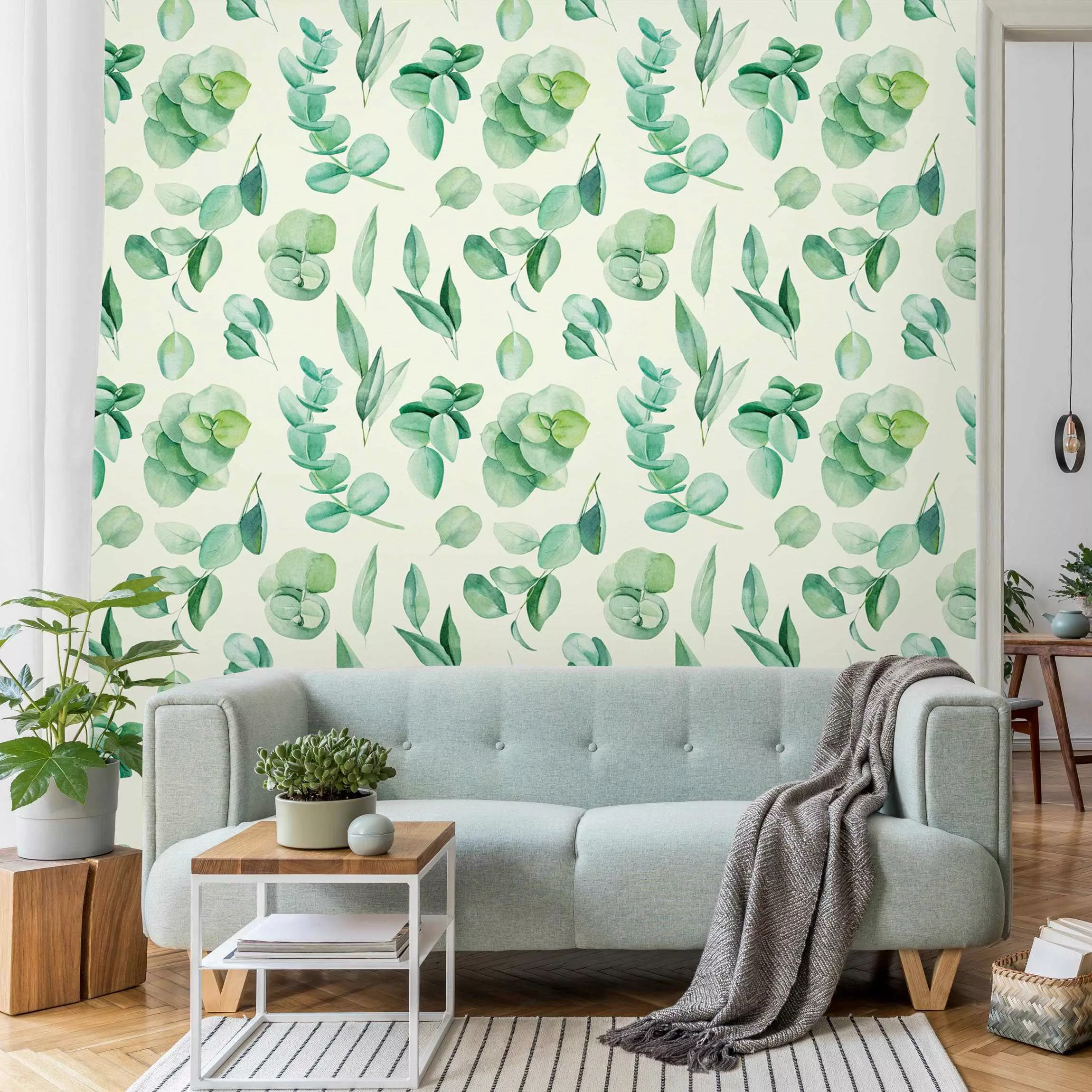 Fototapete Aquarell Eukalyptuszweige und Blätter Muster günstig online kaufen