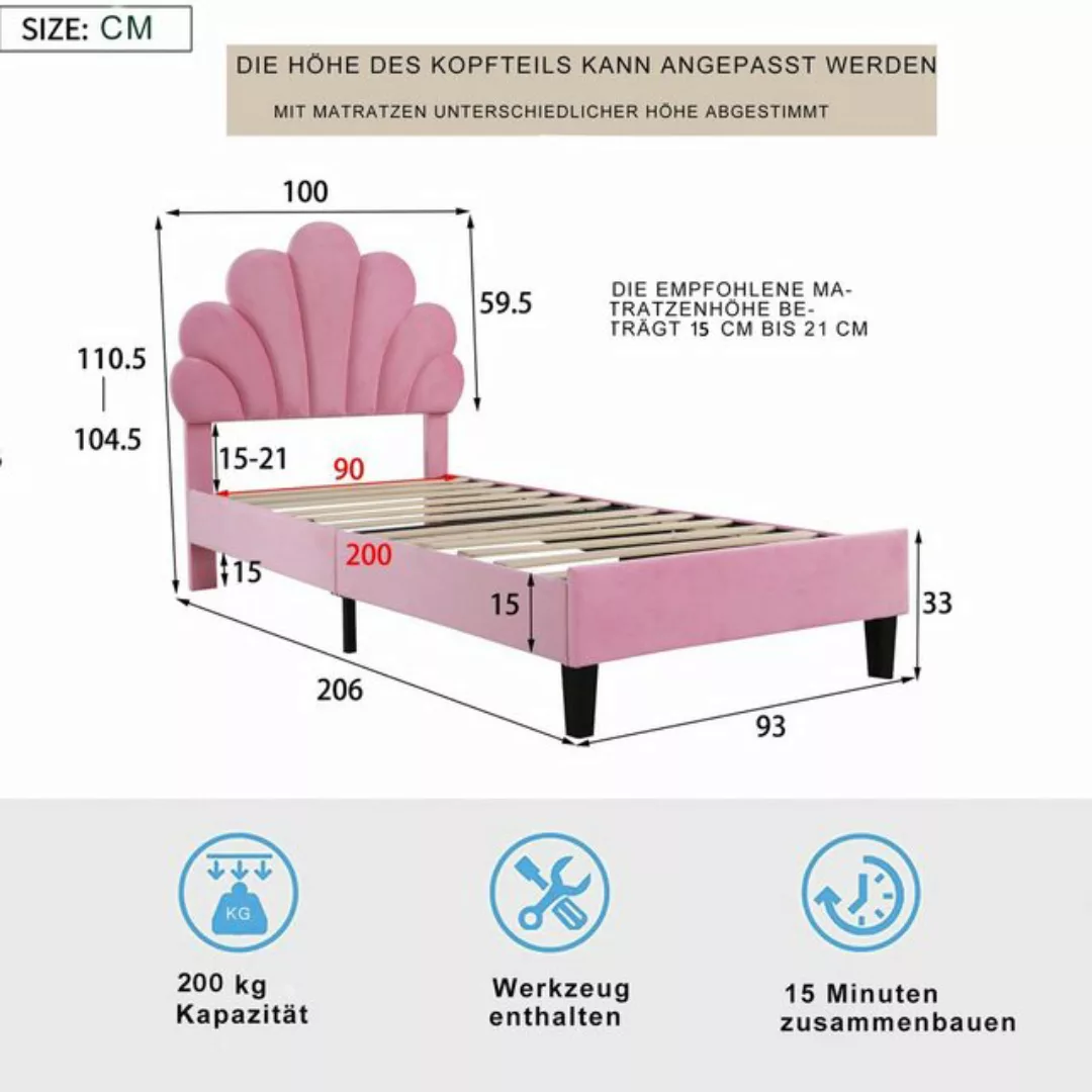 Flieks Polsterbett, Einzelbett Kinderbett Blumenform-Kopfteil Samt 90x200cm günstig online kaufen