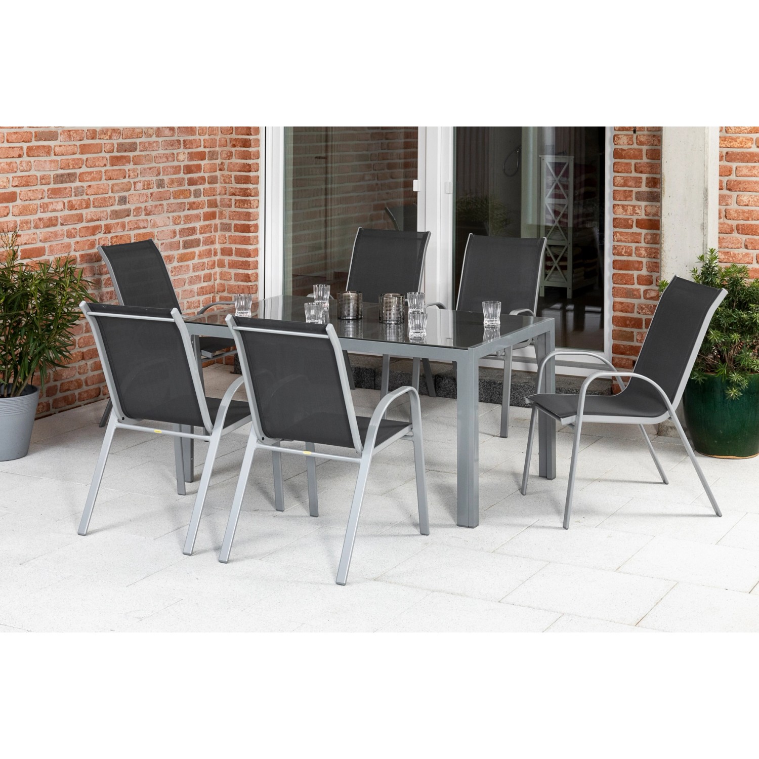 Merxx Sorrento Set 7-tlg. 6 Stapelsessel Gartentisch 150 x 90 cm Anthrazit günstig online kaufen