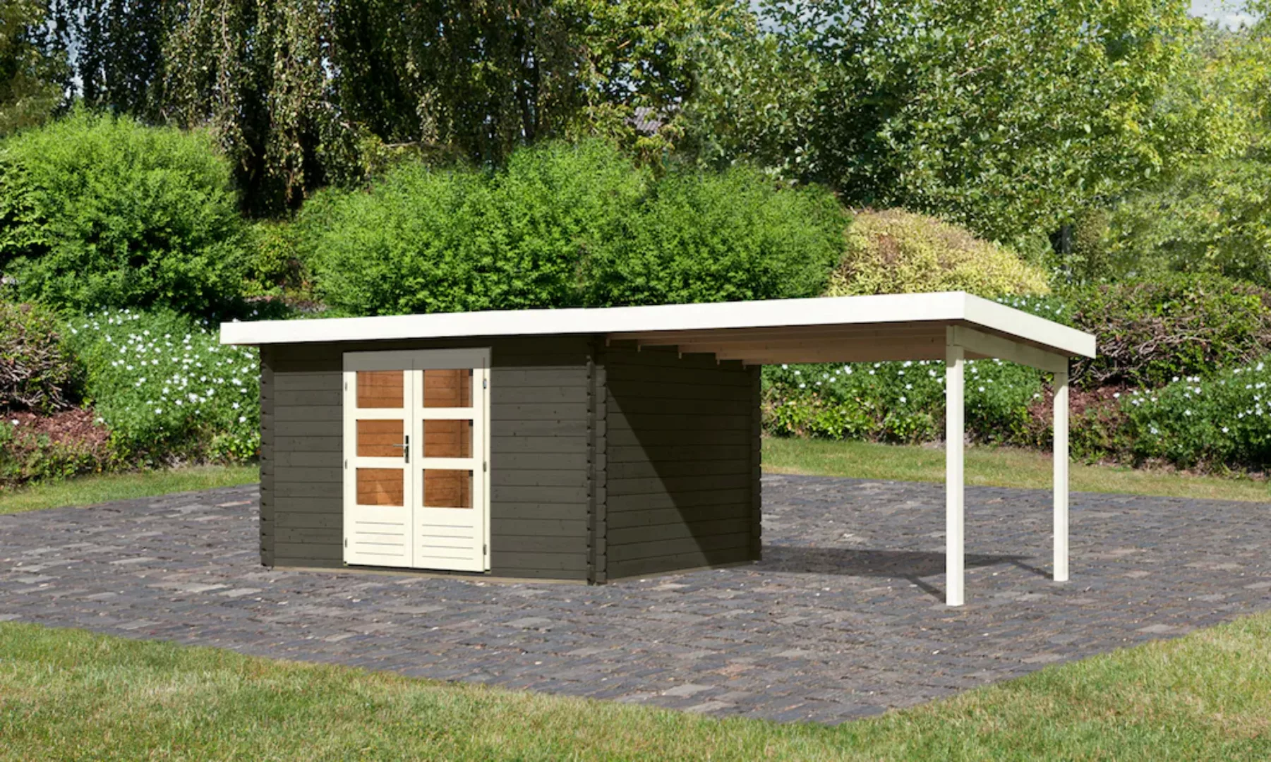 Karibu Gartenhaus "Schloßsee 7", terragrau, mit Anbaudach 3,0 m Breite günstig online kaufen