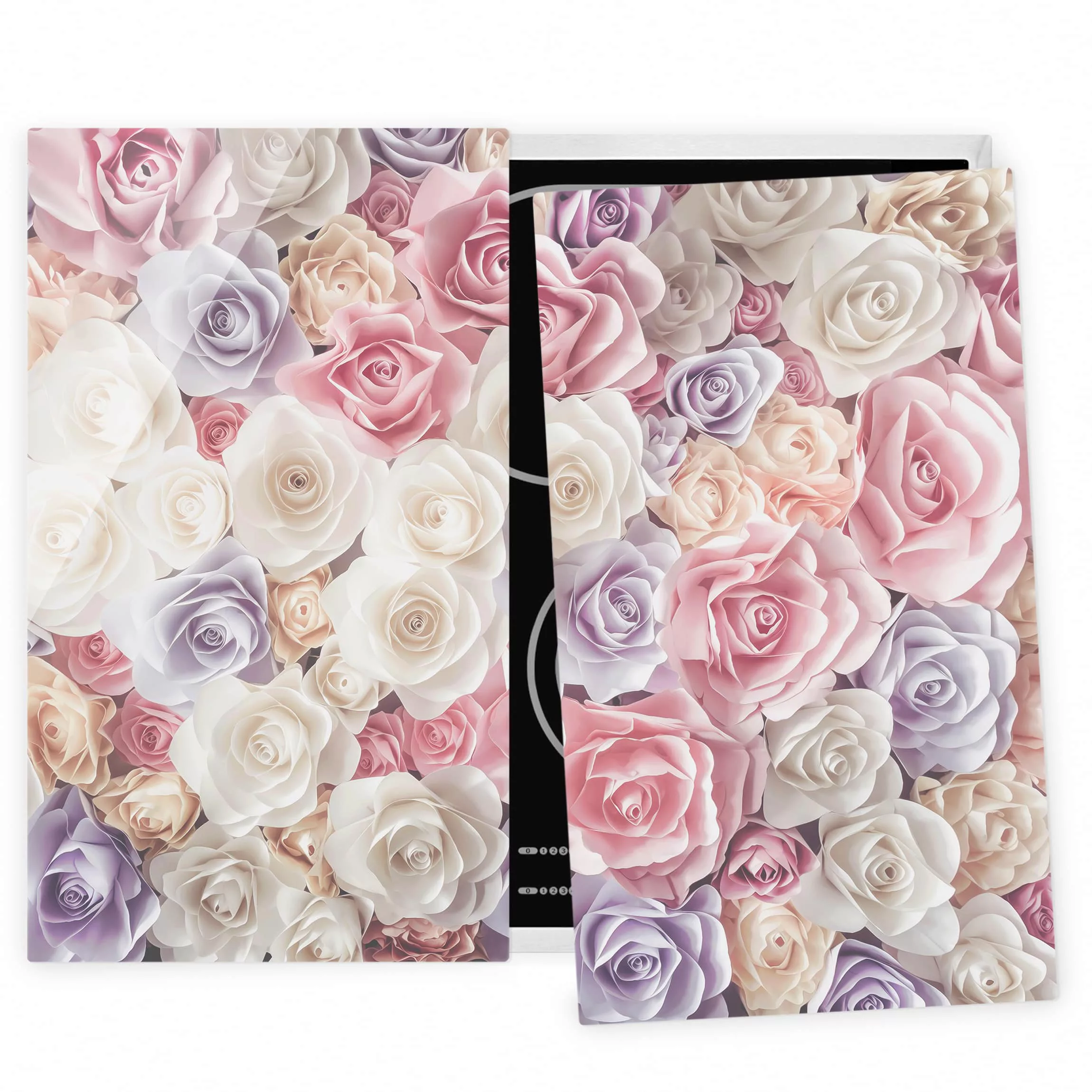 2-teilige Herdabdeckplatte Glas Blumen Pastell Paper Art Rosen günstig online kaufen