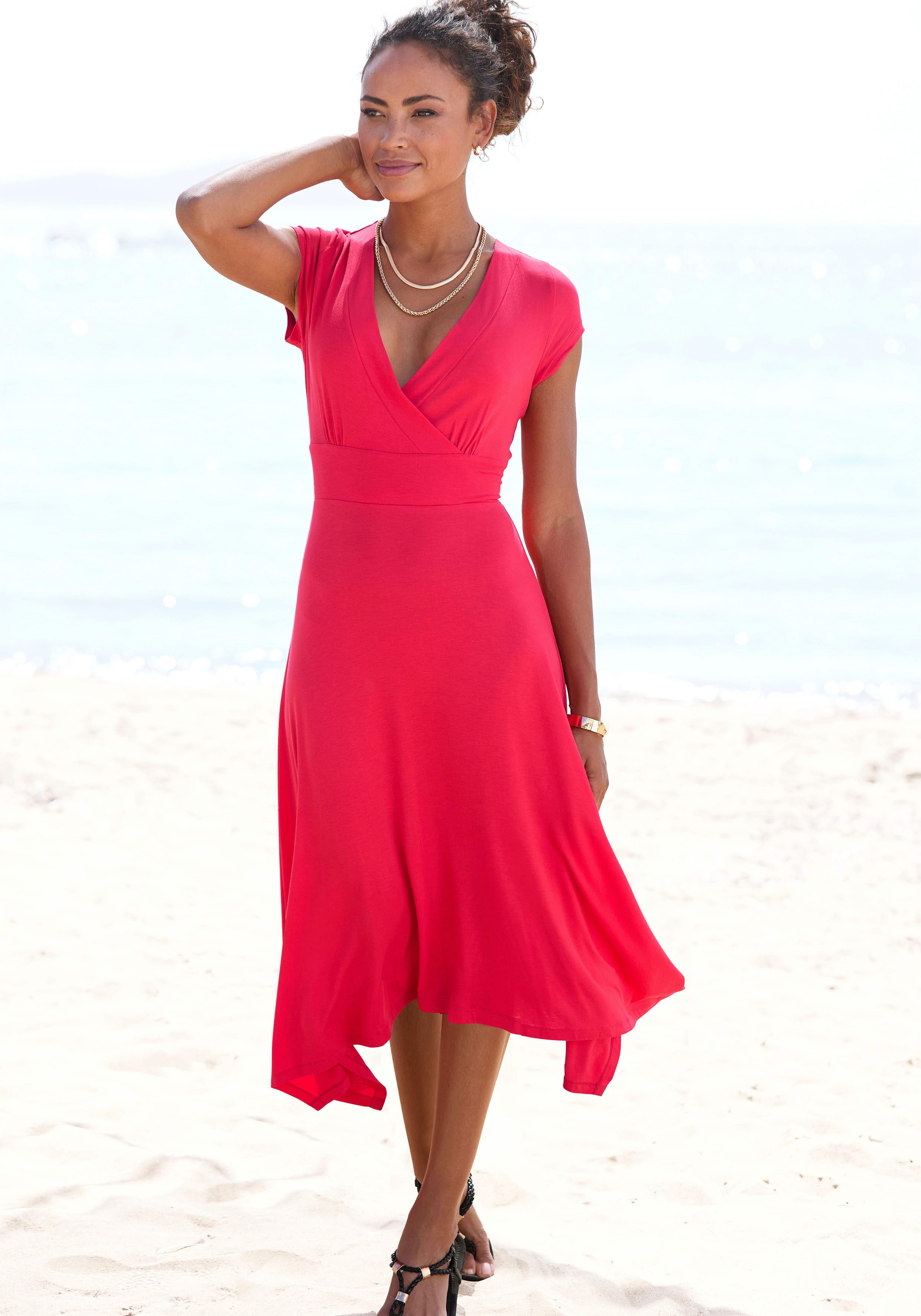 Beachtime Sommerkleid, mit Zipfelsaum und Schleife, Jerseykleid, asymmetris günstig online kaufen