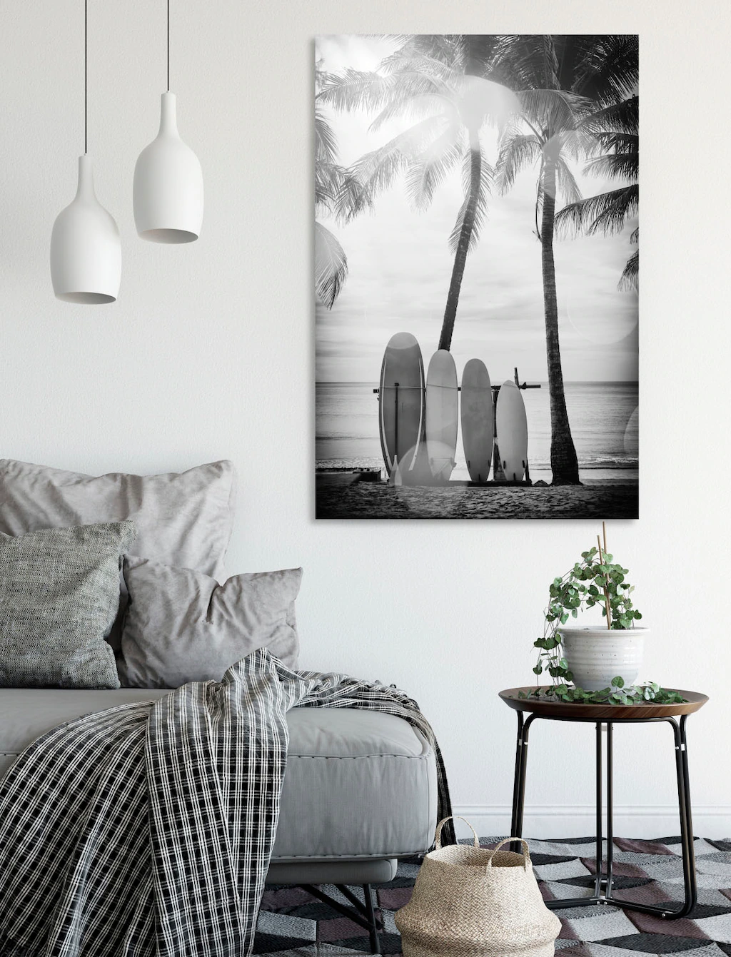 queence Acrylglasbild "Surfboards", Kunst-Schwarz-Weiß-Strand-Palmen-Strand günstig online kaufen