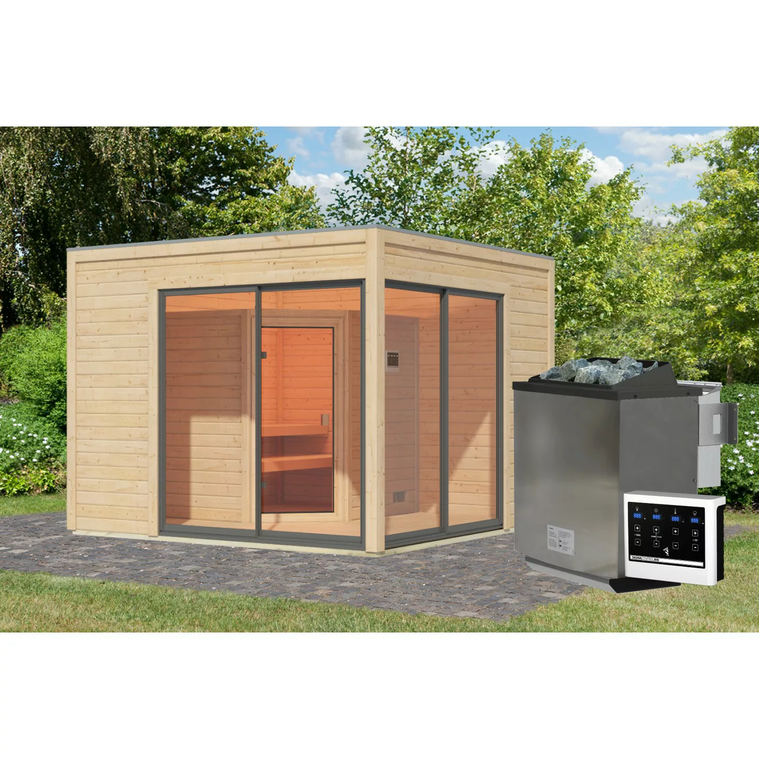 Karibu Gartenhaus Cubulis 3 Naturbelassen mit Ofen 9 kW Bio Ext. Strg. günstig online kaufen