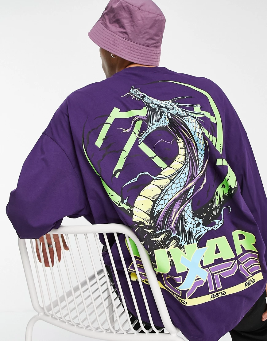 ASOS DESIGN – Langärmliges Oversize-Shirt in Dunkellila mit Drachen-Print a günstig online kaufen