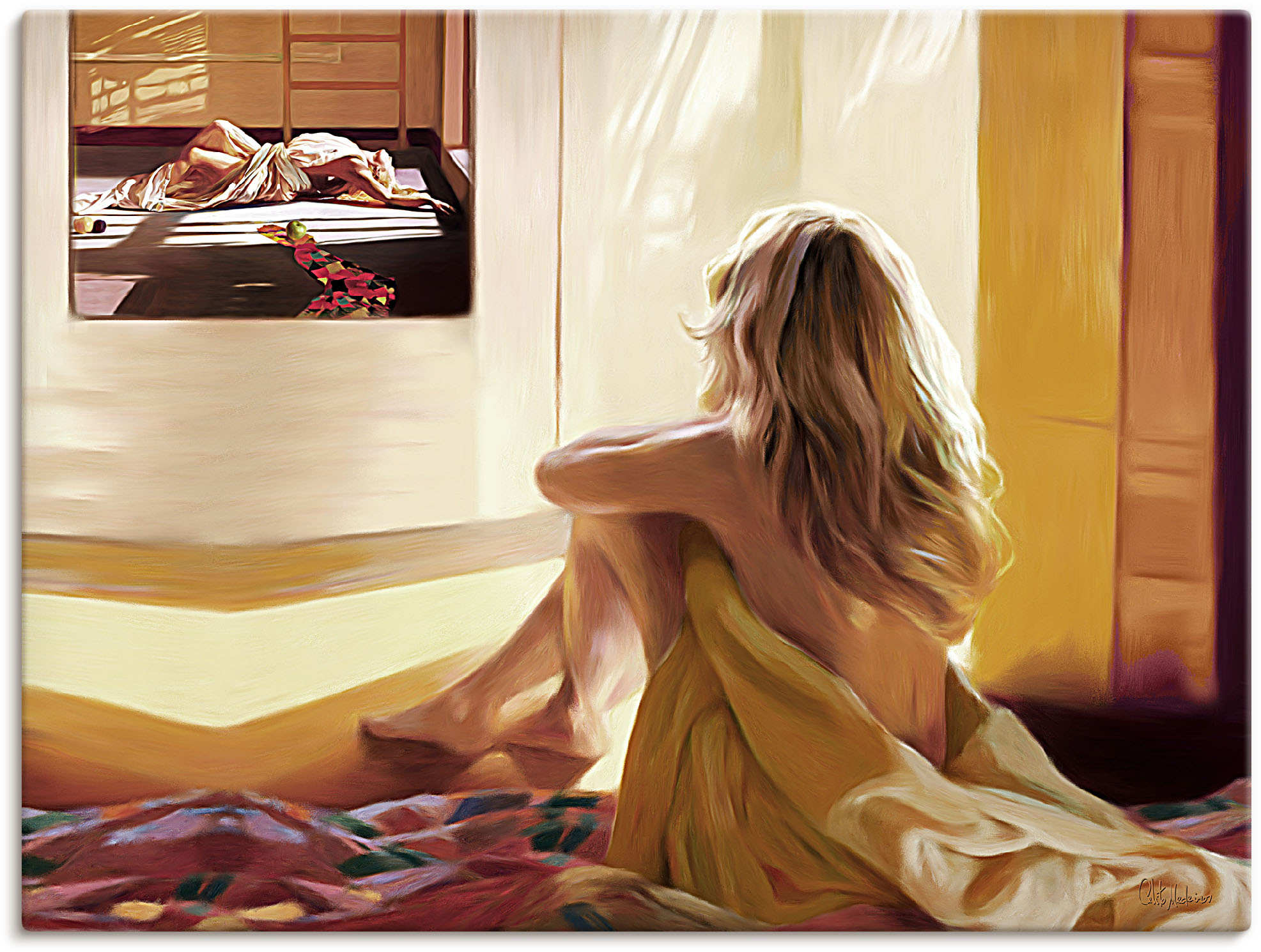 Artland Wandbild "Blondes Mädchen sitzt auf dem Bett", Bilder von Frauen, ( günstig online kaufen