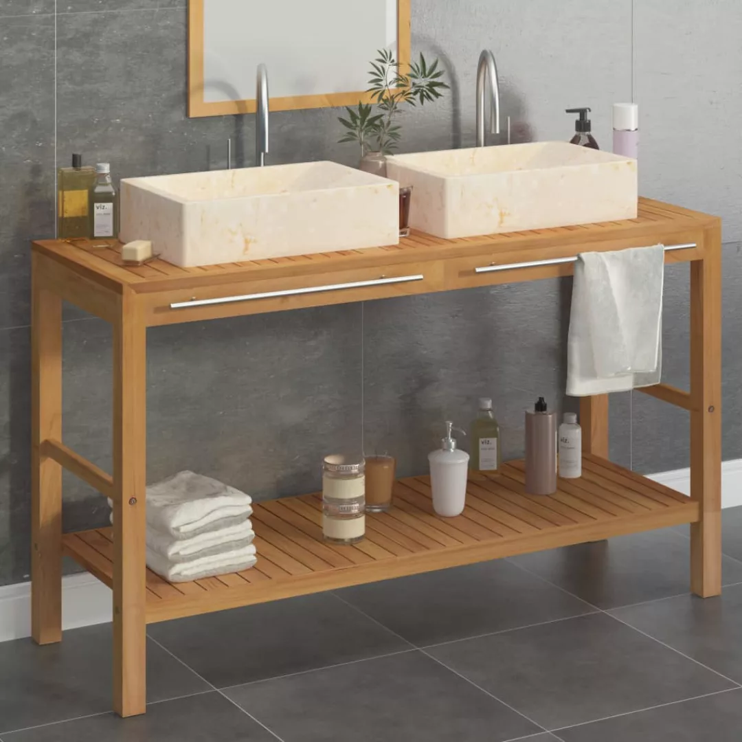 Waschtisch Massivholz Teak Mit Waschbecken Marmor Creme günstig online kaufen