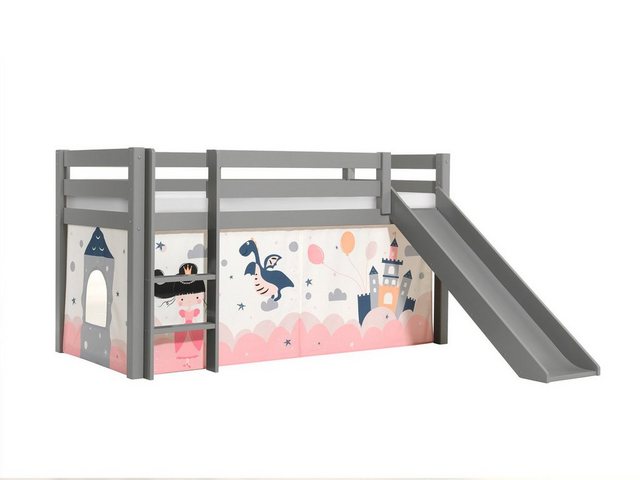 Natur24 Kinderbett Halbhohes Bett Pino mit Rutsche und Textilset Drache Kie günstig online kaufen