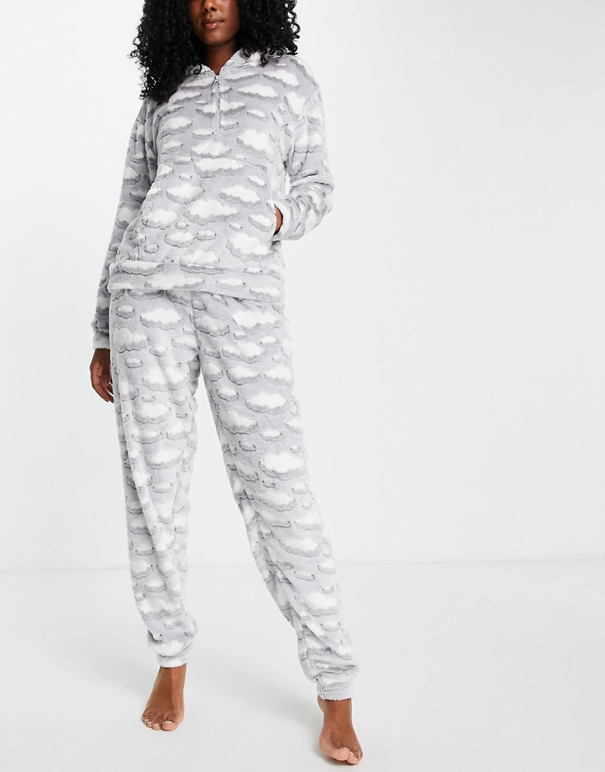 Loungeable – Fleece-Pyjama in Grau mit Halbreißverschluss und Wolkenmuster günstig online kaufen