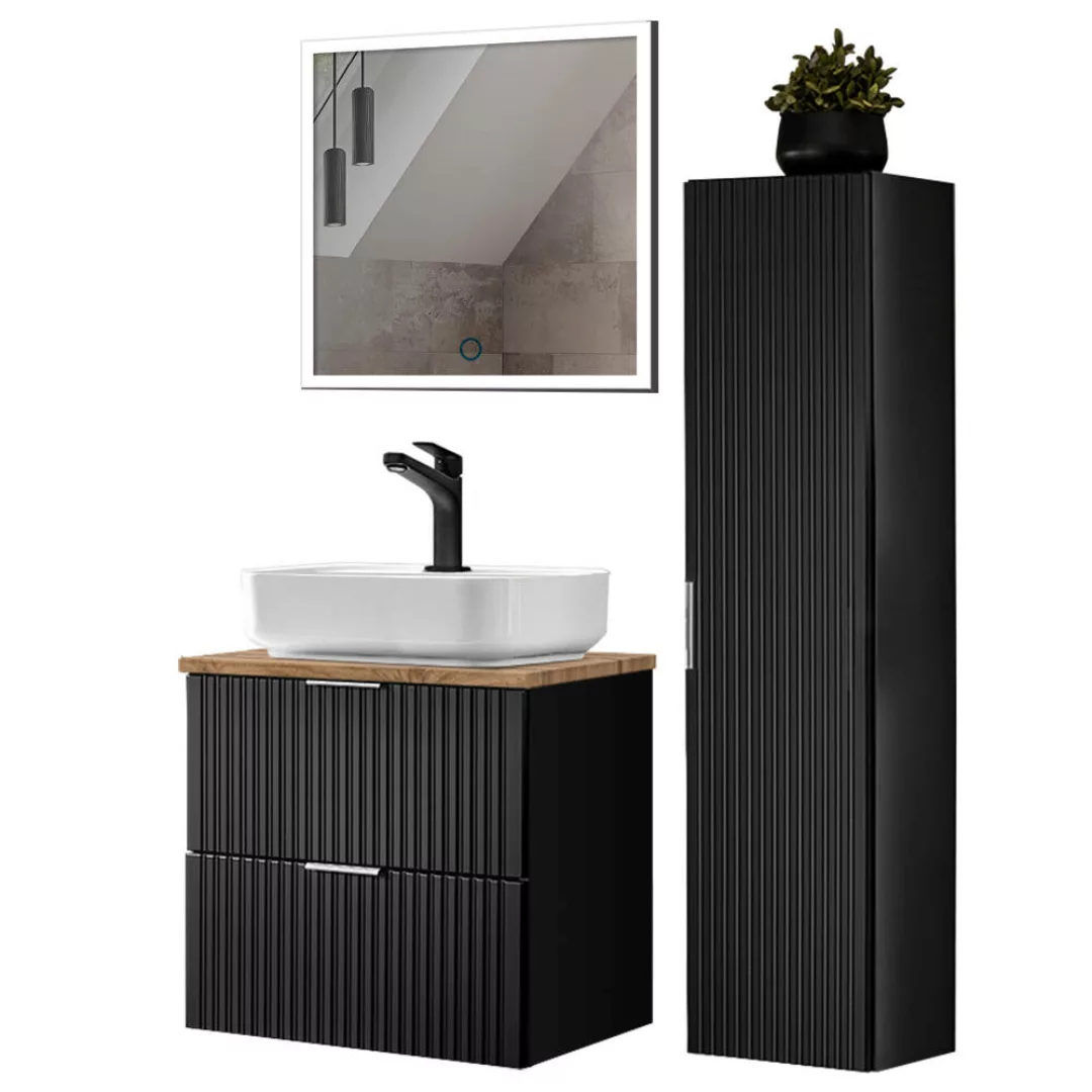 Badmöbel Set mit Keramik Waschbecken und LED Spiegel, matt schwarz mit Eich günstig online kaufen