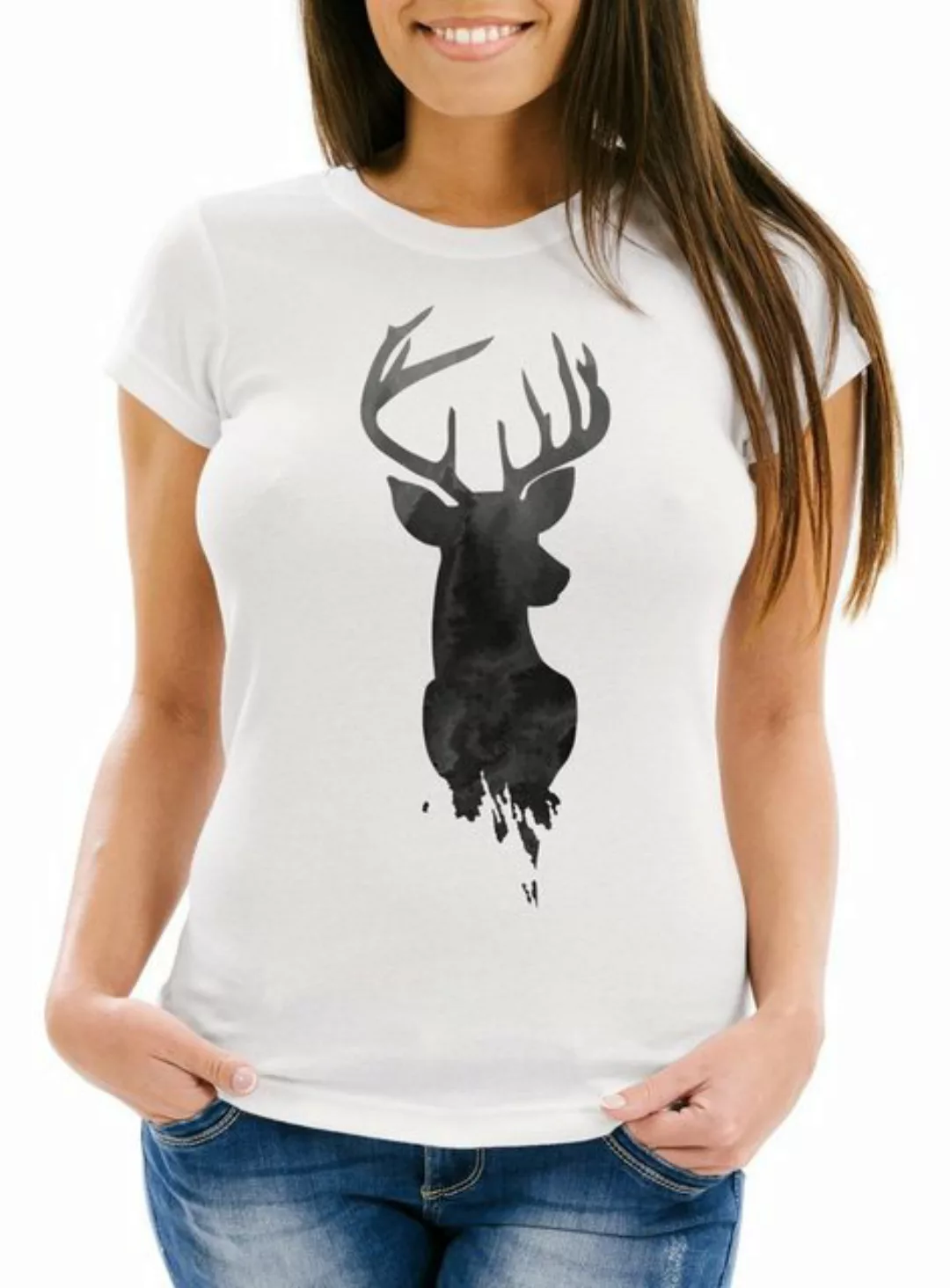 Neverless Print-Shirt Damen T-Shirt Hirsch Geweih Kopf Deer Watercolor Poly günstig online kaufen