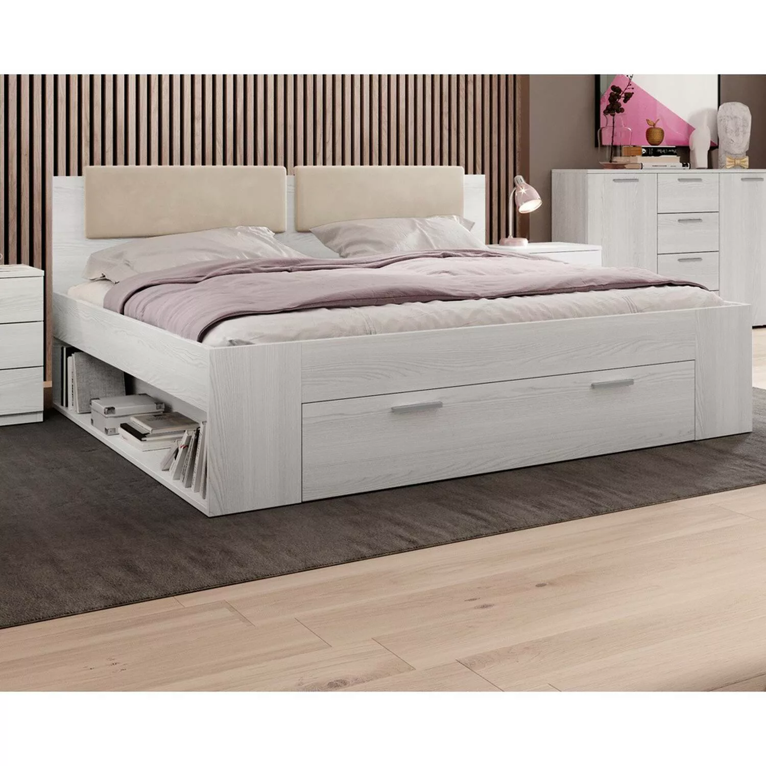 Schlafzimmer Bett 160er Breite GRAZ-83 in Abisko Eiche Nb. incl. gepolstert günstig online kaufen