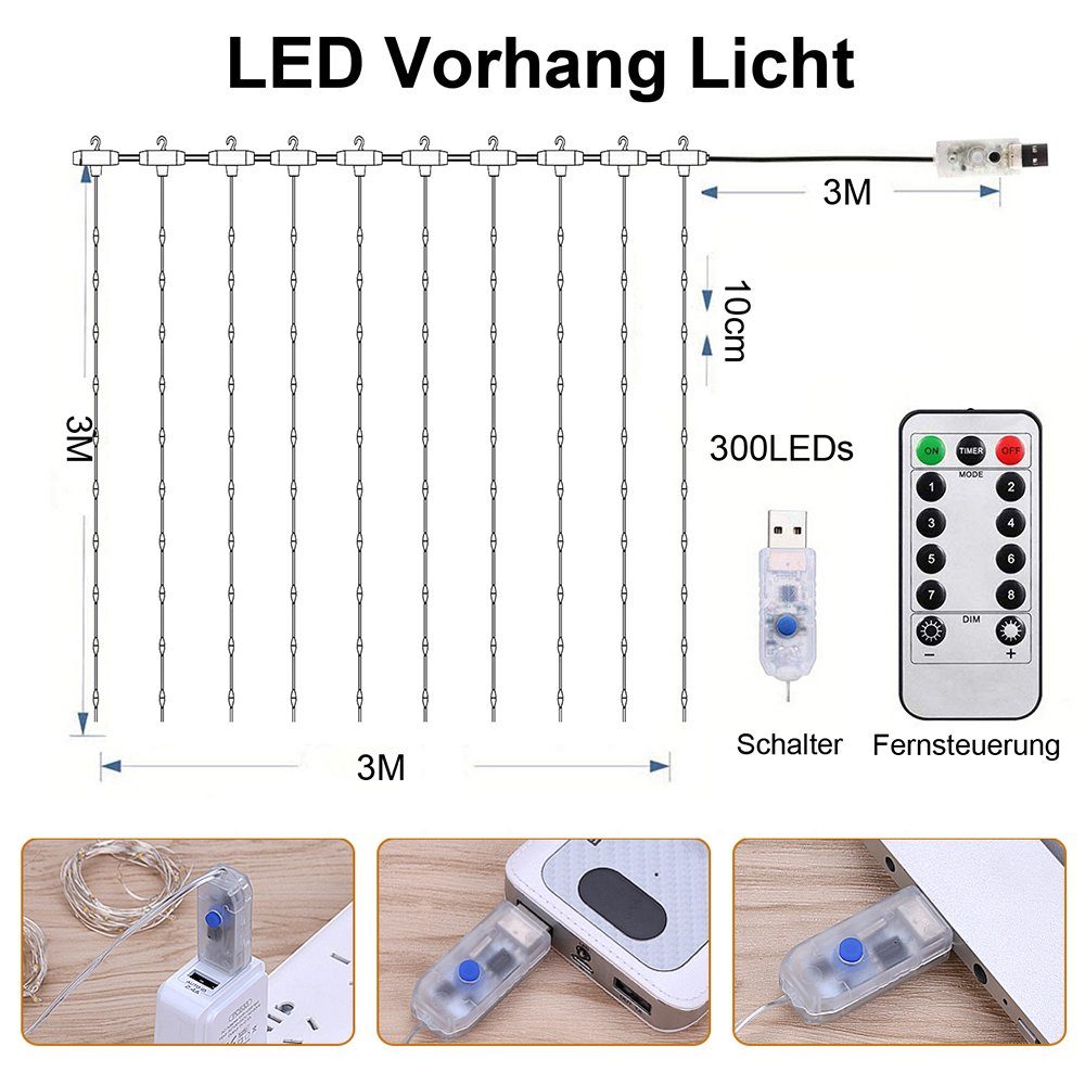 Rosnek LED-Lichtervorhang 300 LED Lichternetz Lichtervorhang günstig online kaufen