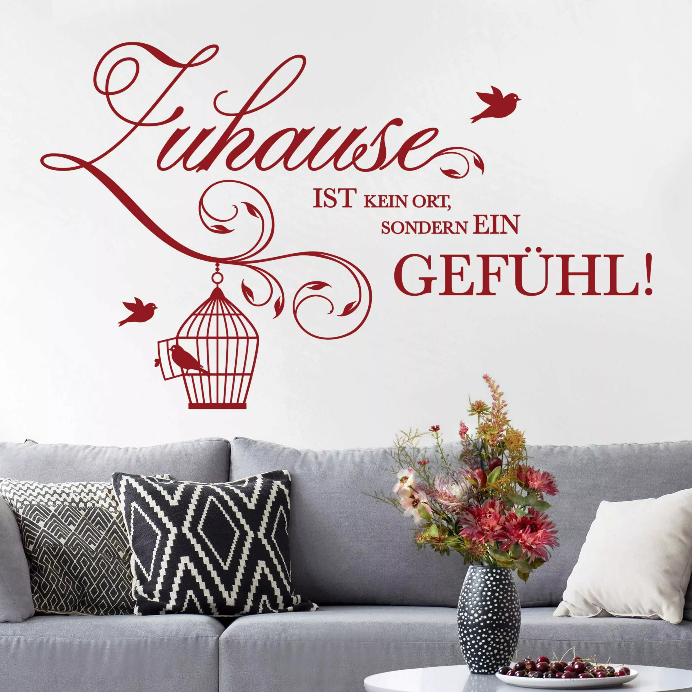 Wandtattoo Spruch Zuhause ist ein Gefühl mit Vogelkäfig günstig online kaufen