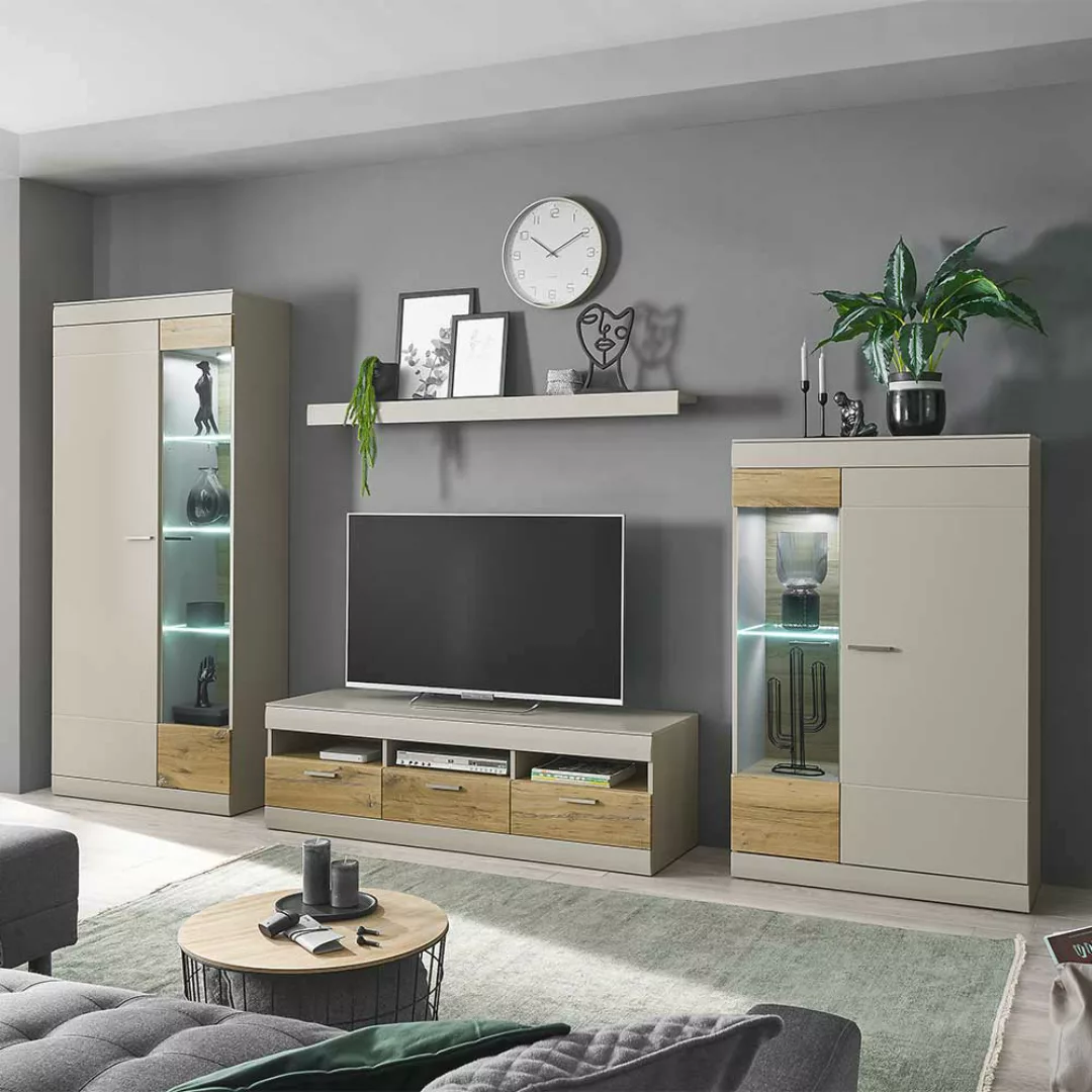 Wohnzimmerwand Modern in Hellgrau Zinneichefarben (vierteilig) günstig online kaufen