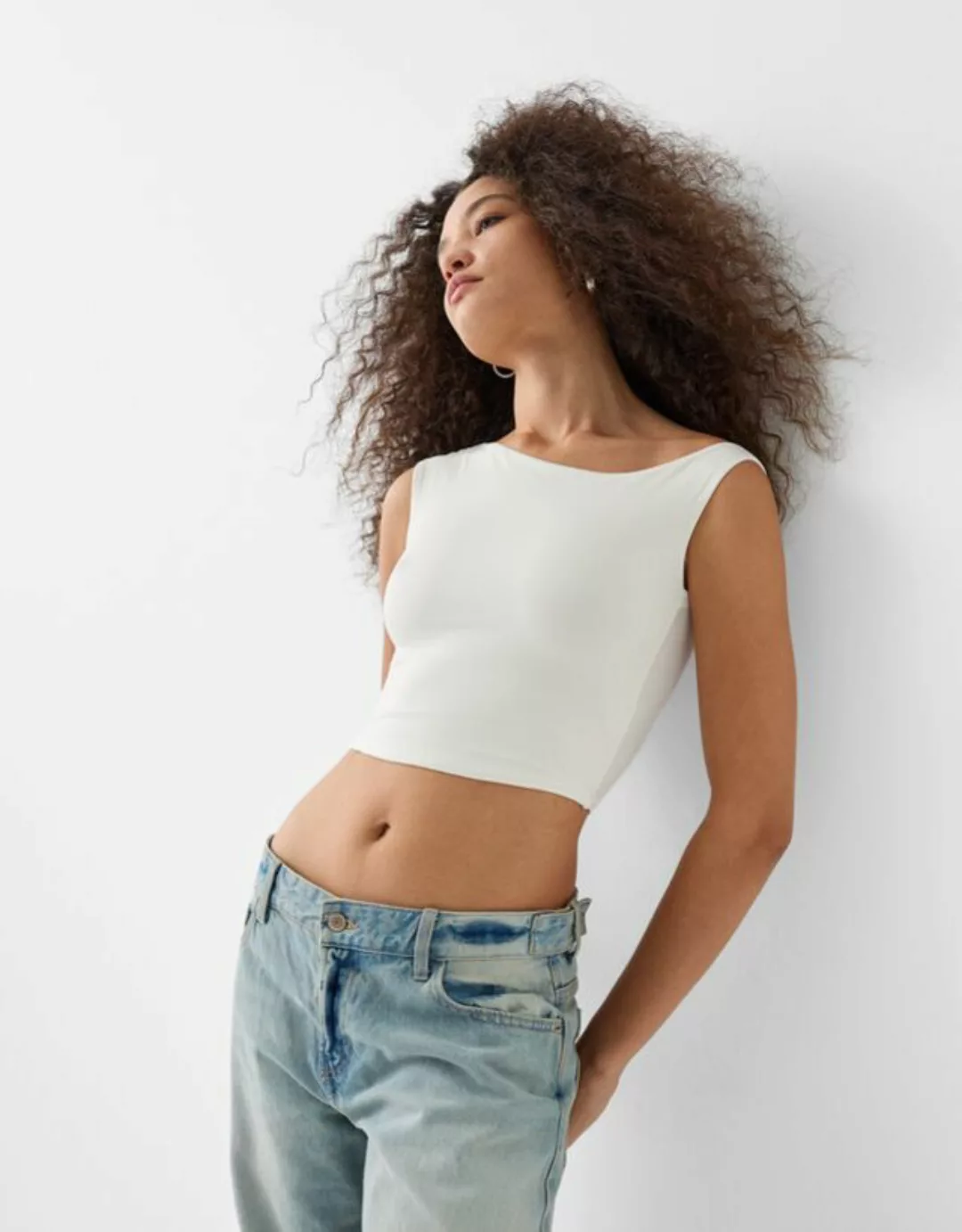 Bershka Ärmelloses, Asymmetrisches Shirt Damen S Grbrochenes Weiss günstig online kaufen