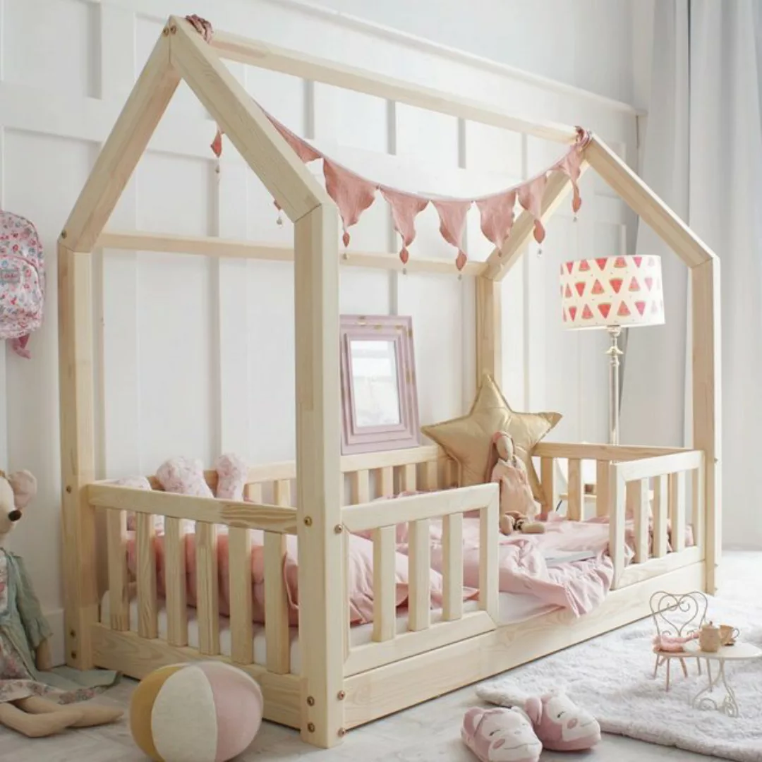 DB-Möbel Kinderbett Hausbett Bianco 160x80 cm Naturholz mit 2x Rausfallschu günstig online kaufen