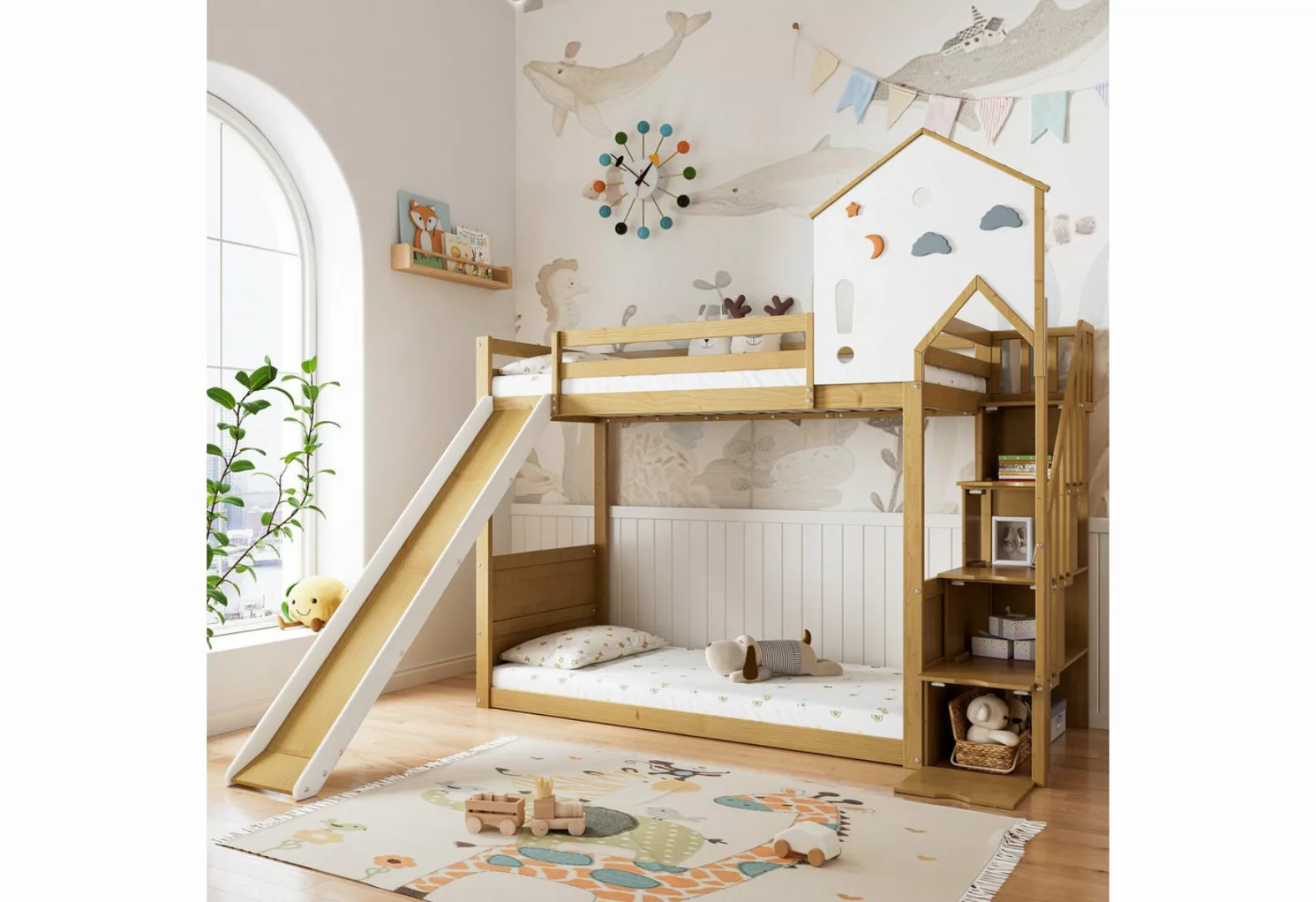 MODFU Kinderbett Hausbett Bett Etagenbett Stauraumbett (mit Ecktreppe, mit günstig online kaufen