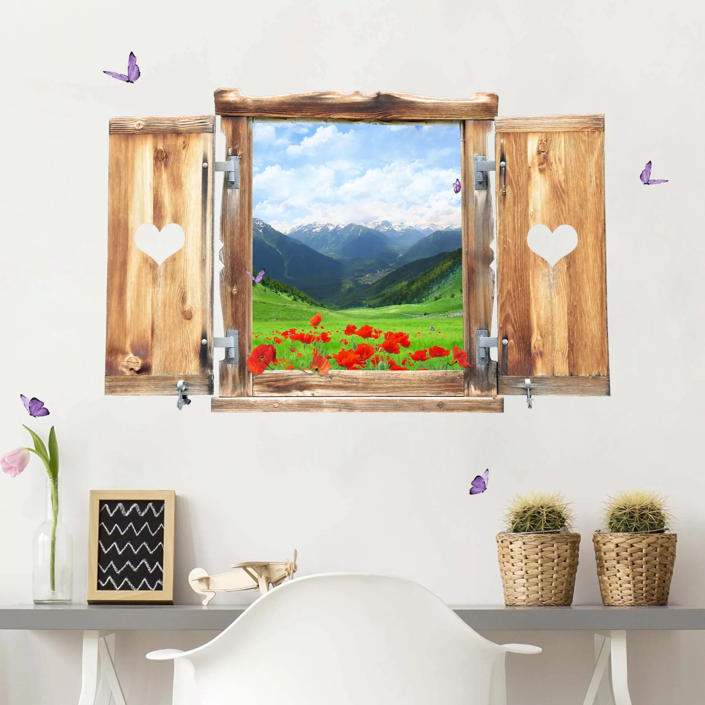 3D Wandtattoo Fenster mit Herz Alpenwiese günstig online kaufen