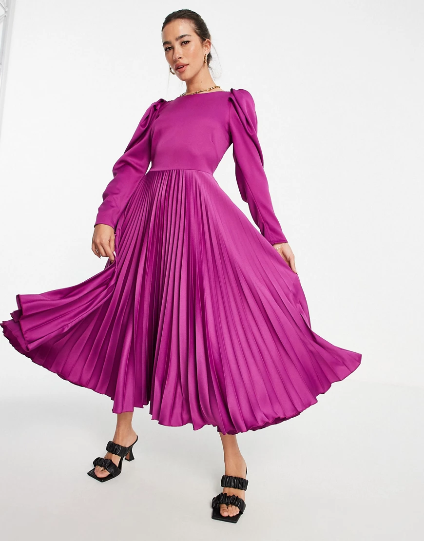 Closet London – Plissiertes Midikleid in Beerenlila mit Puffärmeln-Violett günstig online kaufen