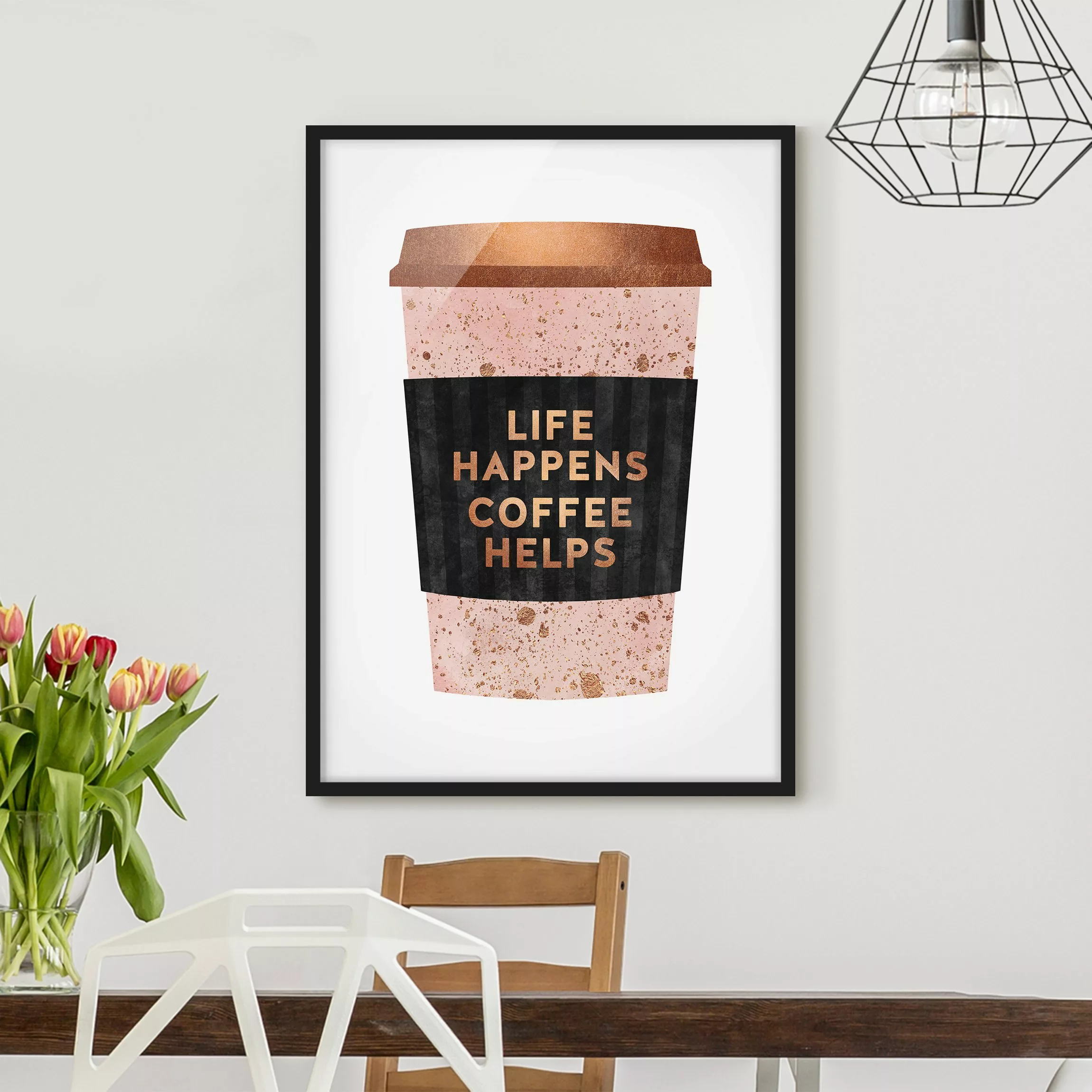 Bild mit Rahmen Küche - Hochformat Life Happens Coffee Helps Gold günstig online kaufen