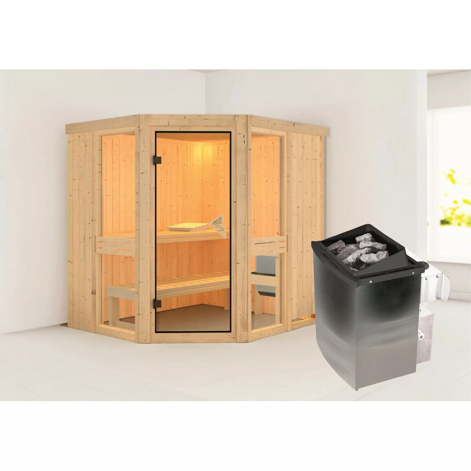 Karibu Sauna Anina 1 mit Ofen intergrierte Stg.Natur günstig online kaufen