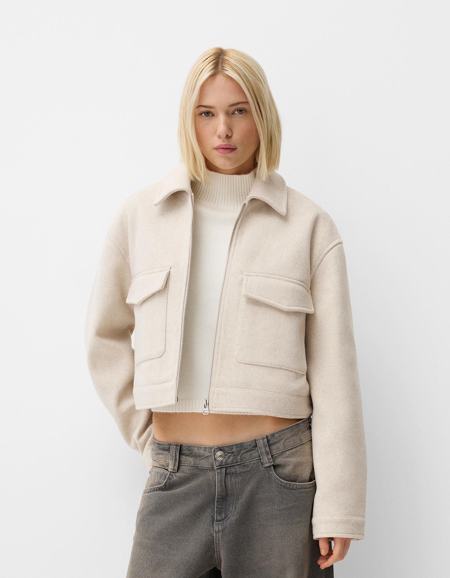 Bershka Soft-Cropped-Jacke Damen L Rohweiß günstig online kaufen