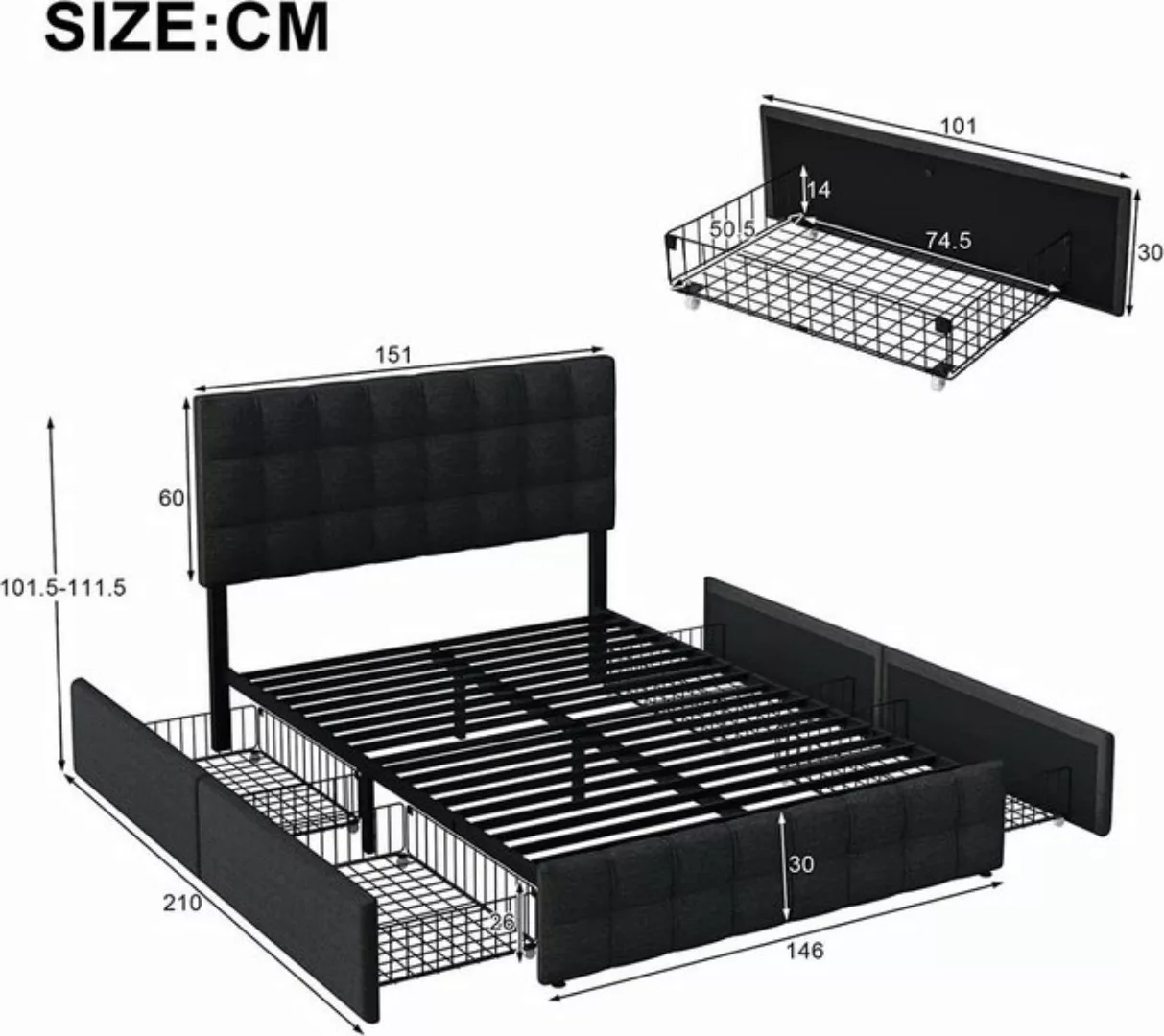 Odikalo Stauraumbett Polsterbett mit 4 Schubladen Doppelbett Leinen ohne Ma günstig online kaufen
