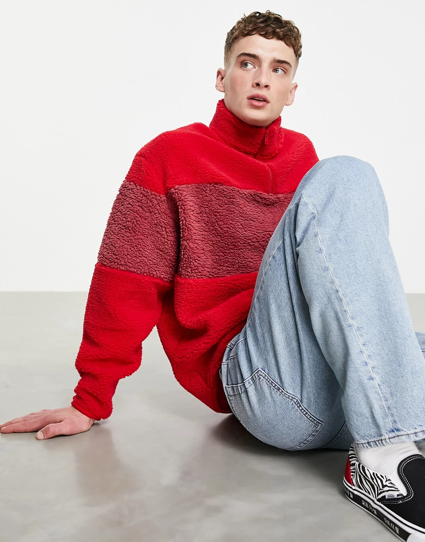 ASOS DESIGN – Oversize-Sweatshirt aus Teddyfell in Rot mit halblangem Reißv günstig online kaufen