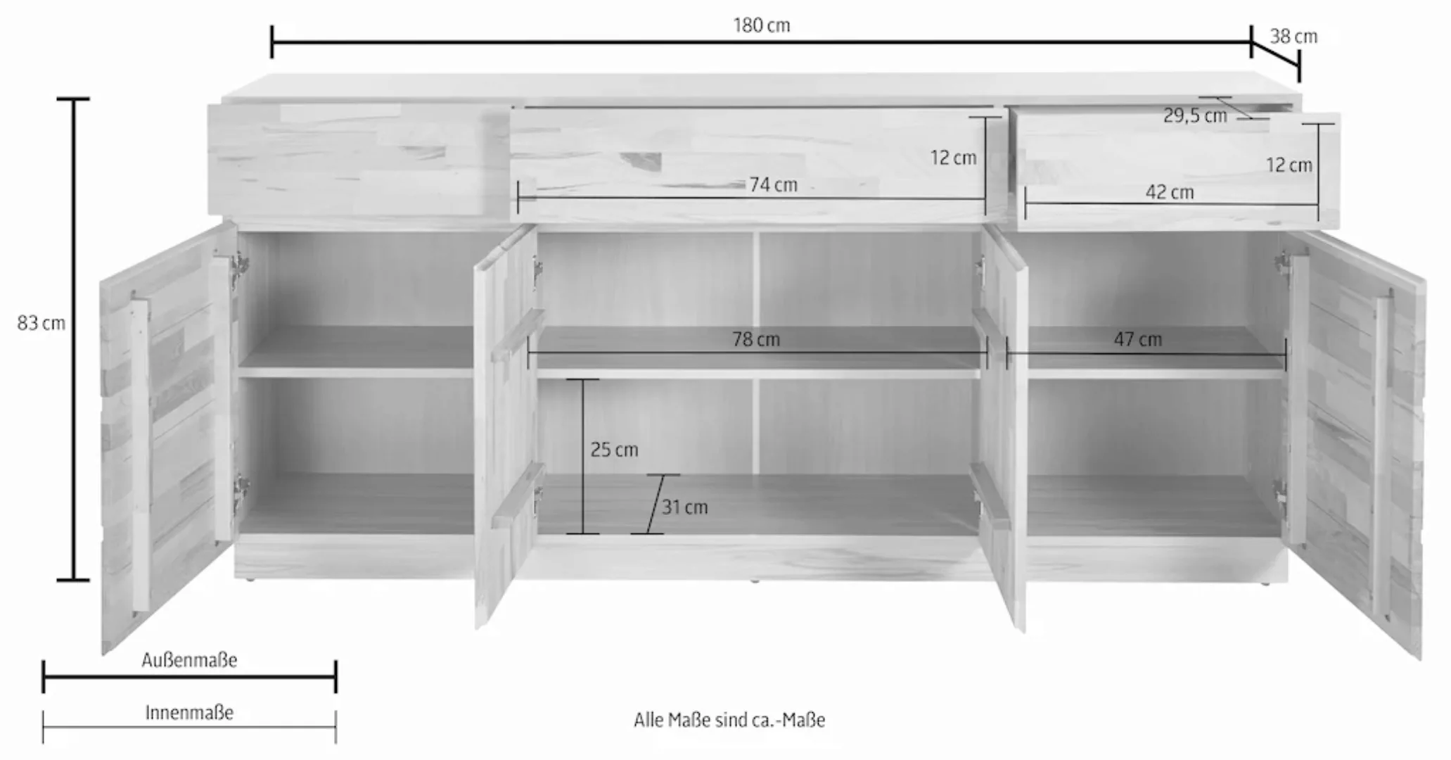 Home affaire Sideboard, Breite 180 cm, teilmassiv, FSC-zertifiziert günstig online kaufen