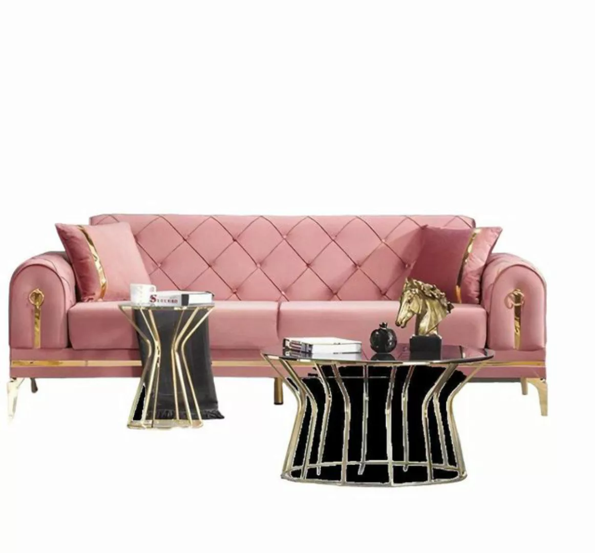 JVmoebel 3-Sitzer Rosa Chesterfield Textilcouch Designer 3-Sitzer Edelstahl günstig online kaufen