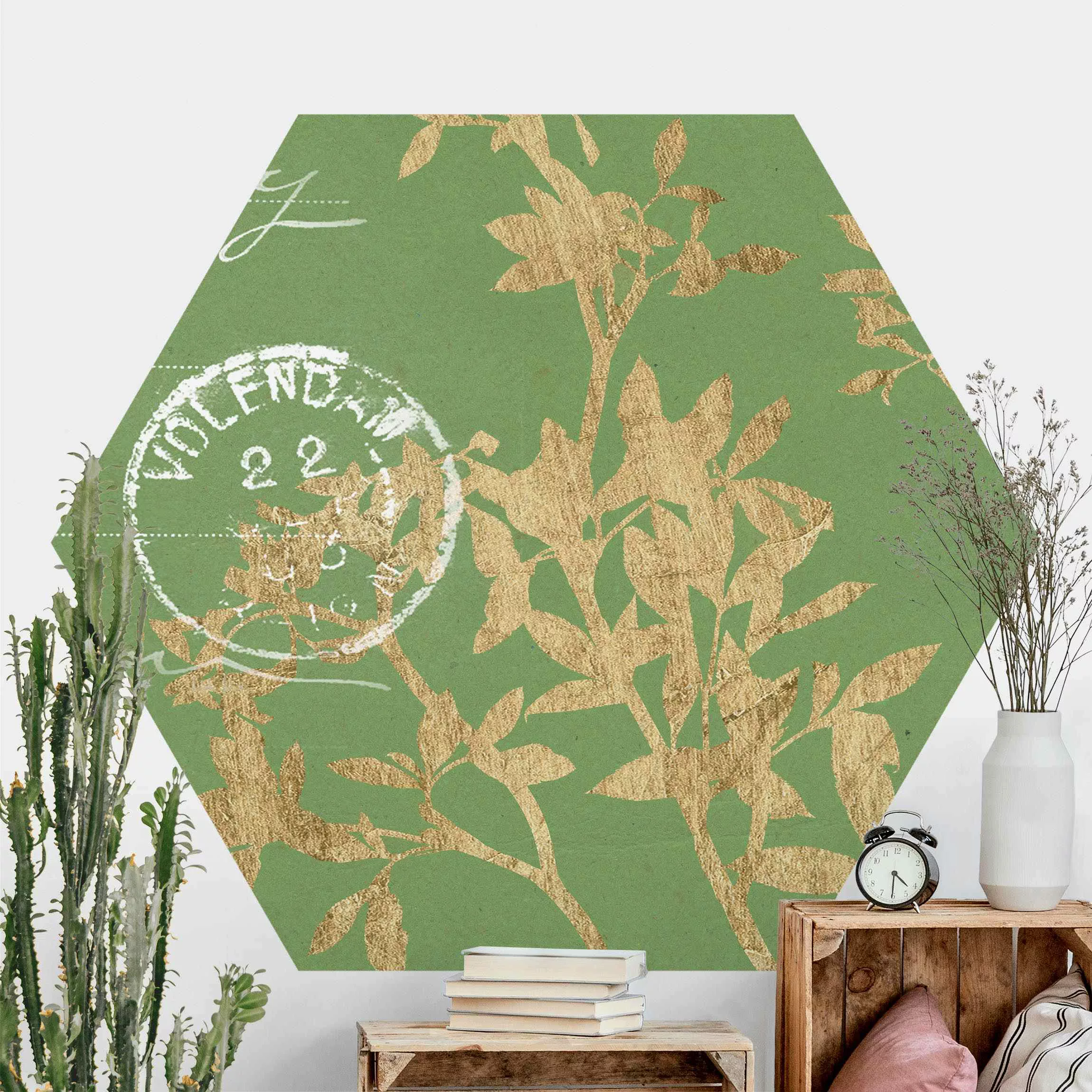 Hexagon Fototapete selbstklebend Goldene Blätter auf Lind II günstig online kaufen