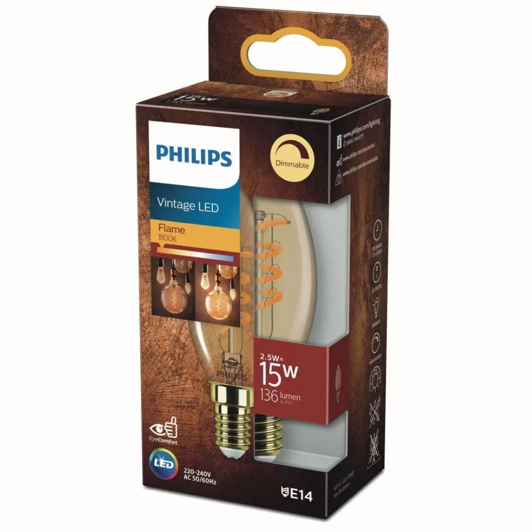 Philips LED Lampe ersetzt 15W, E14 Kerzenform B35, gold, warmweiß, 136 Lume günstig online kaufen