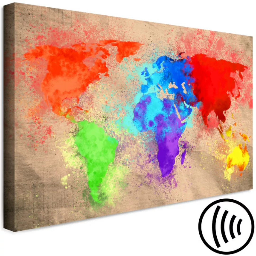 Bild auf Leinwand Erdfarben - eine Aquarell-Weltkarte mit bunten Kontinente günstig online kaufen