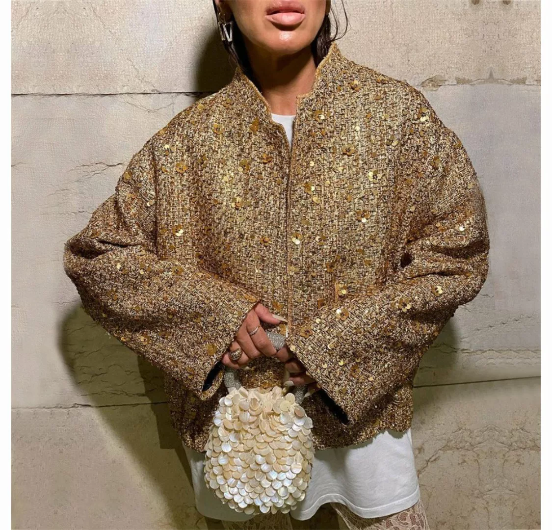 RUZU UG Wintermantel Jacke Damen Mode Tasche Gold verzierte Pailletten gest günstig online kaufen