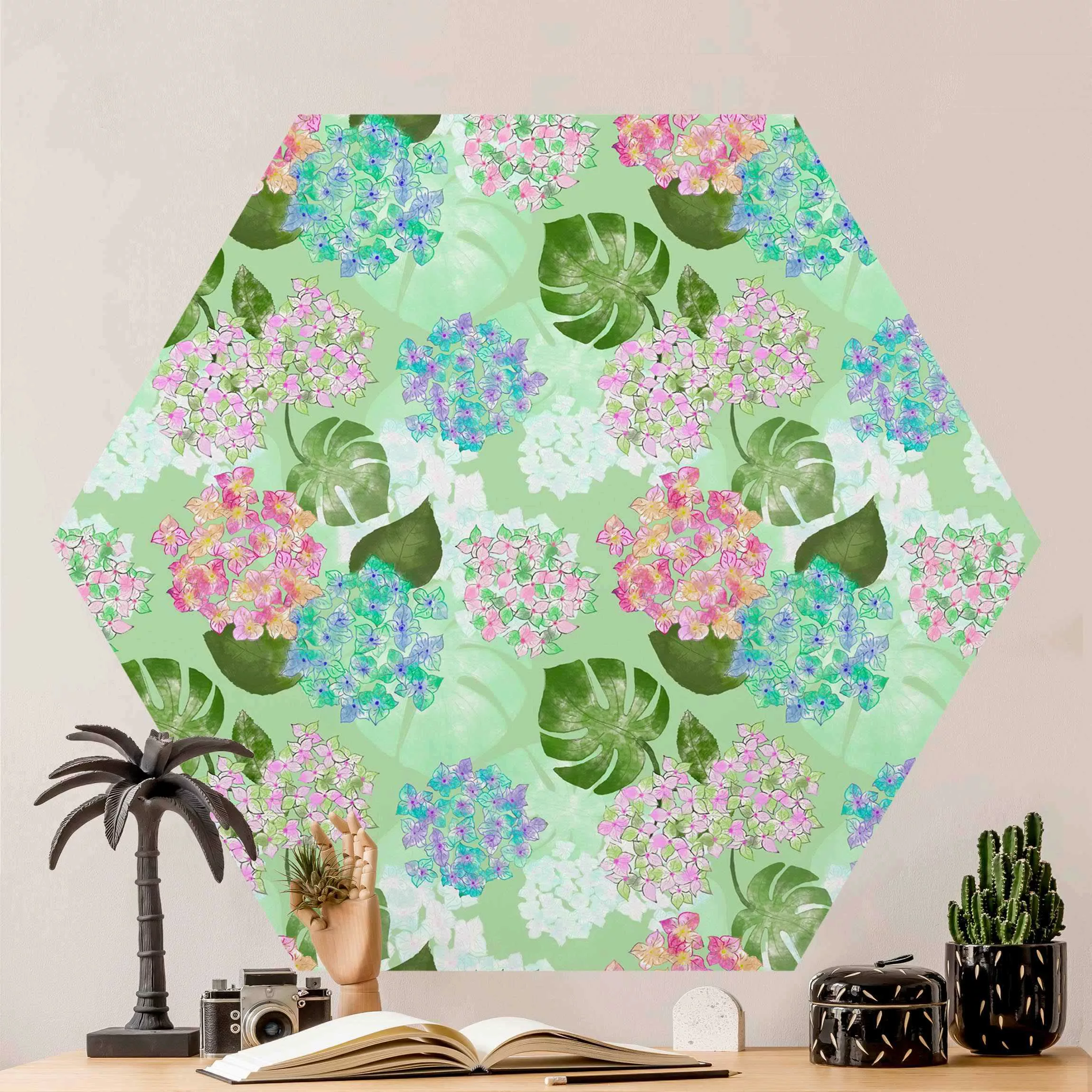 Hexagon Mustertapete selbstklebend Hortensie im Paradies Grün günstig online kaufen