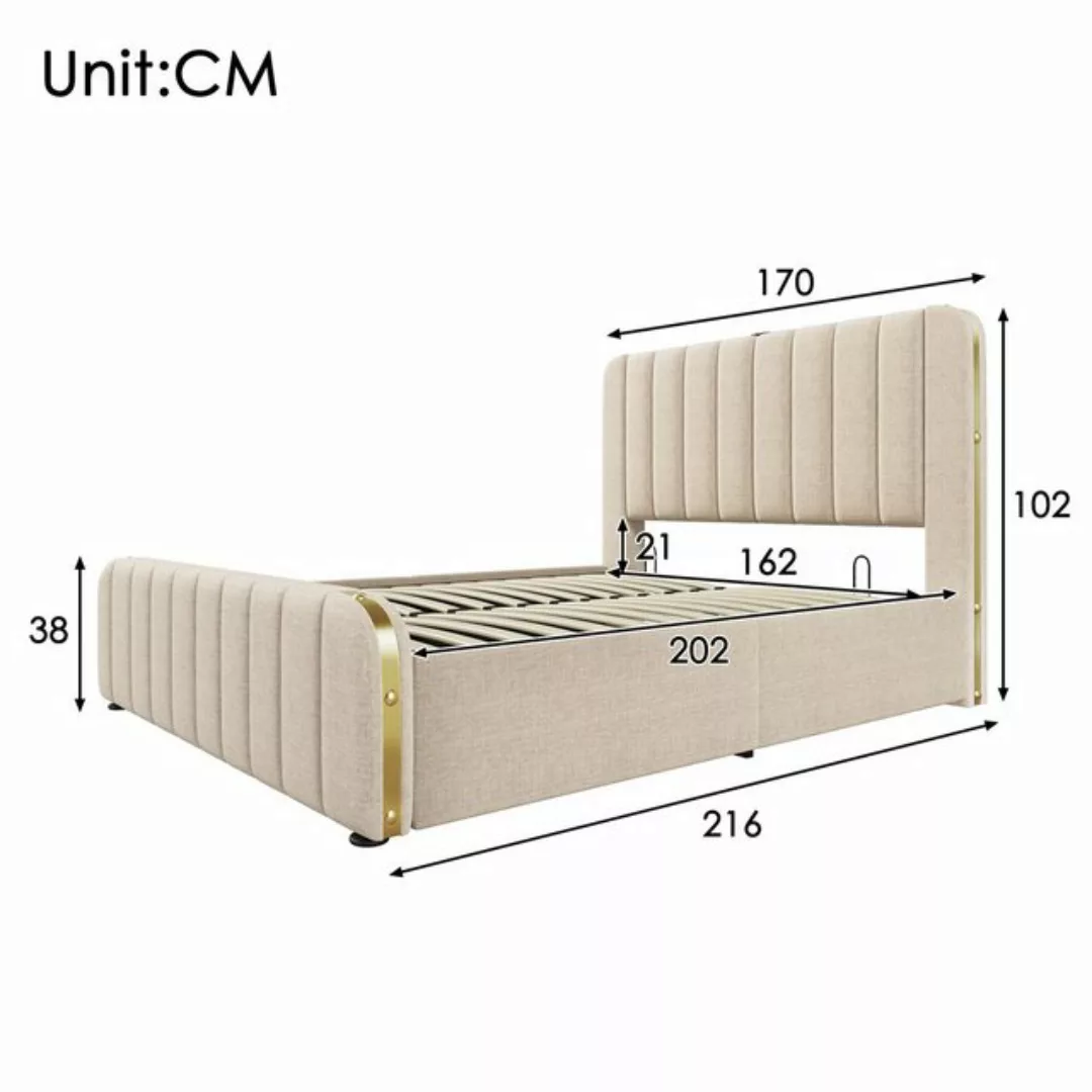 HAUSS SPLOE Polsterbett 160x200 cm, Hydraulisches Bett mit goldenen Zierstr günstig online kaufen