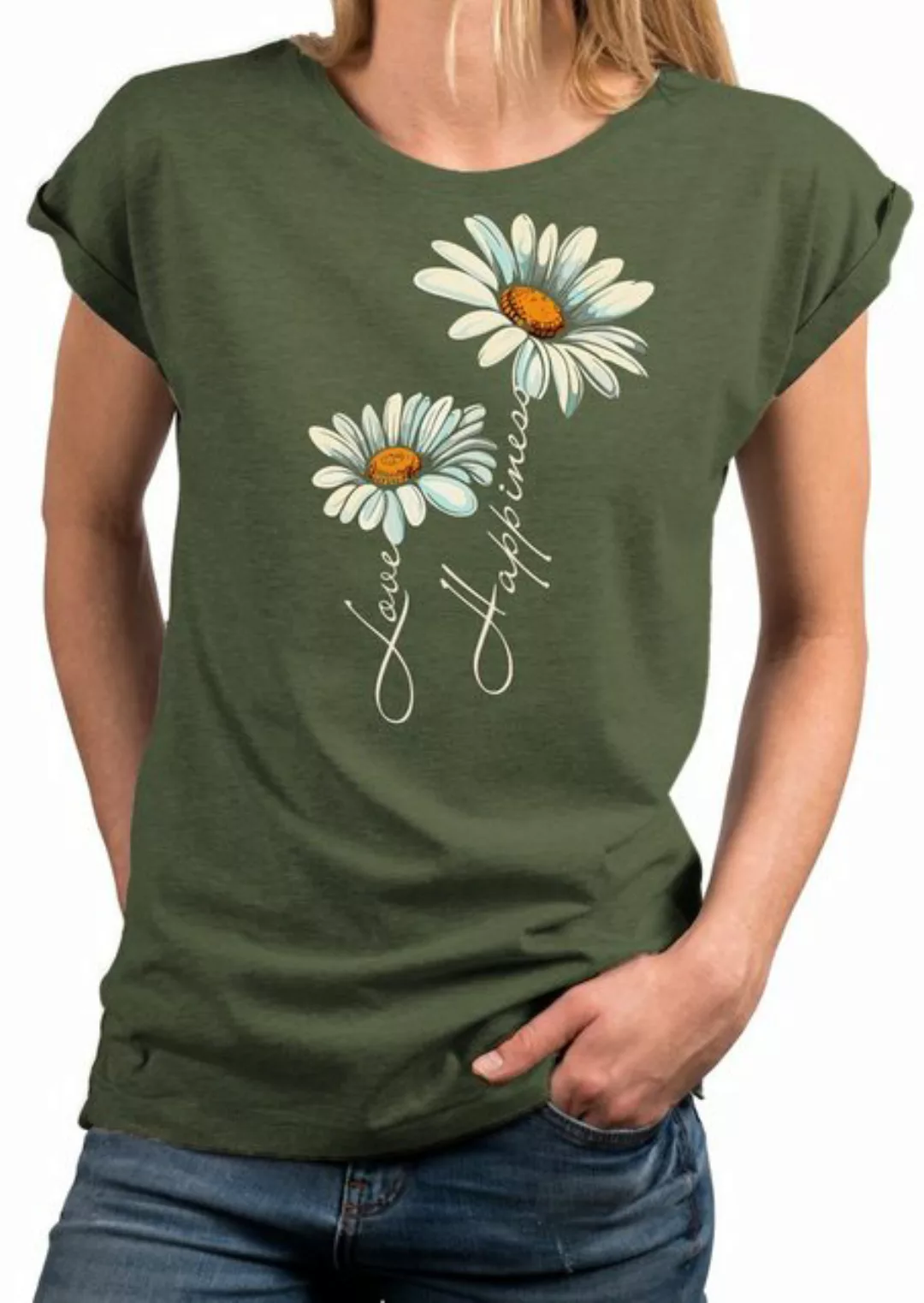 MAKAYA Print-Shirt Damen Kurzarm Top Blumen Gänseblümchen floral Blumenmust günstig online kaufen
