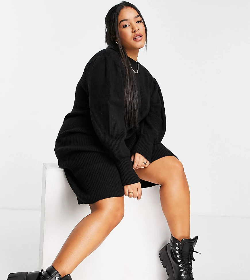 Only Curve – Hochgeschlossenes Pulloverkleid mit voluminösen Ärmeln in Schw günstig online kaufen